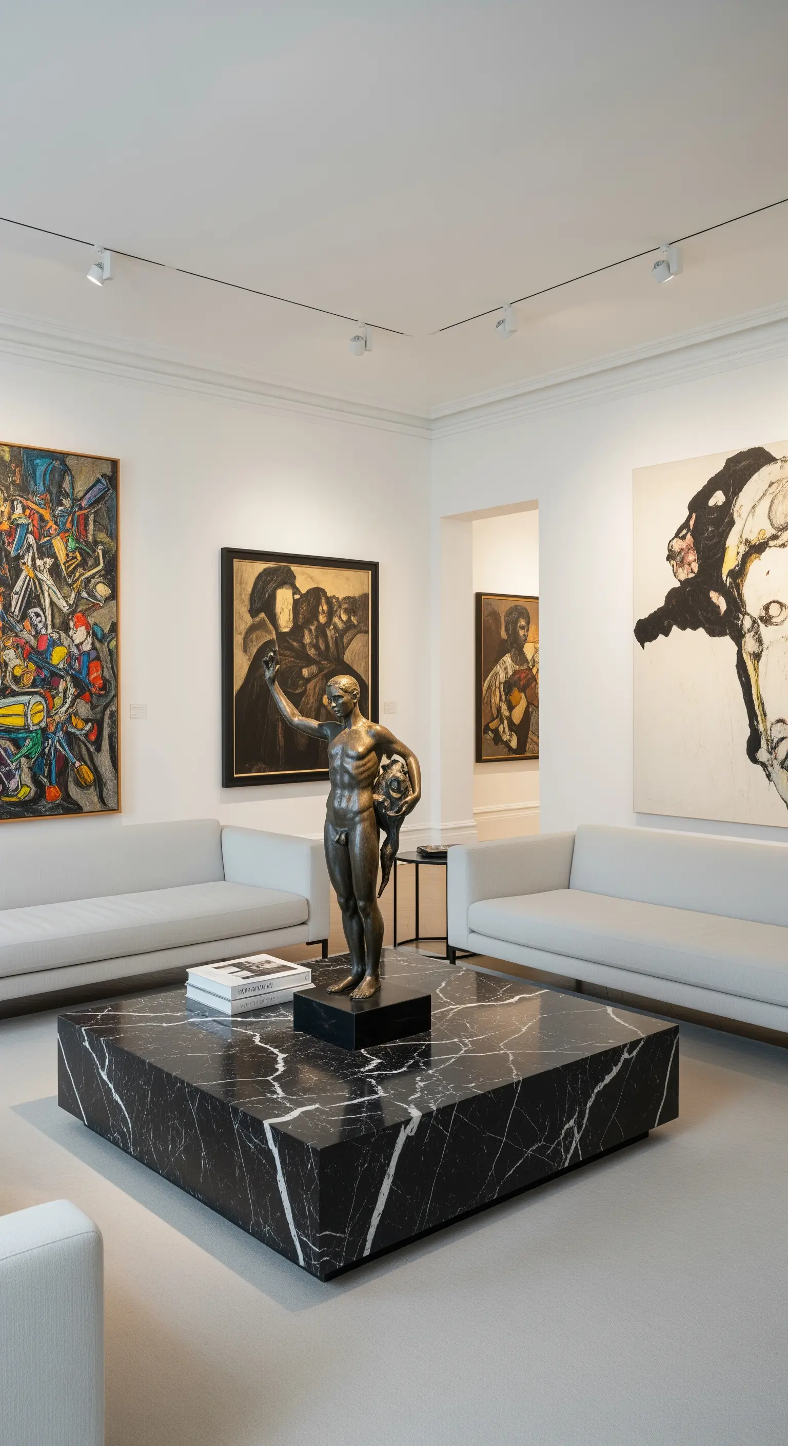 Großer quadratischer Marmortisch mit einer Bronzeskulptur in einem galerieartigen Wohnzimmer.