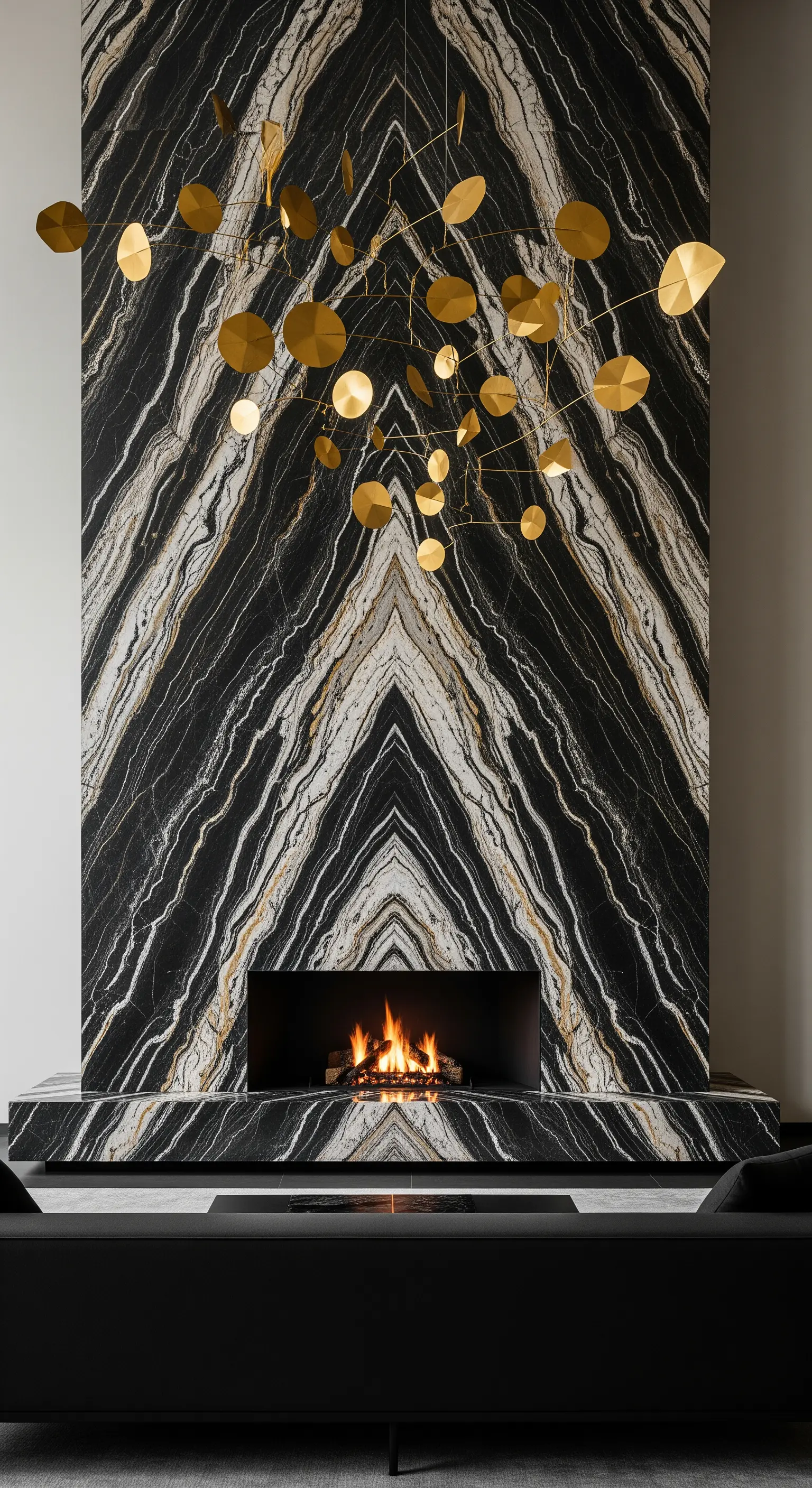 Minimalistisches Wohnzimmer mit einer imposanten Kaminwand aus dramatisch gemasertem, schwarz-weißem Marmor.