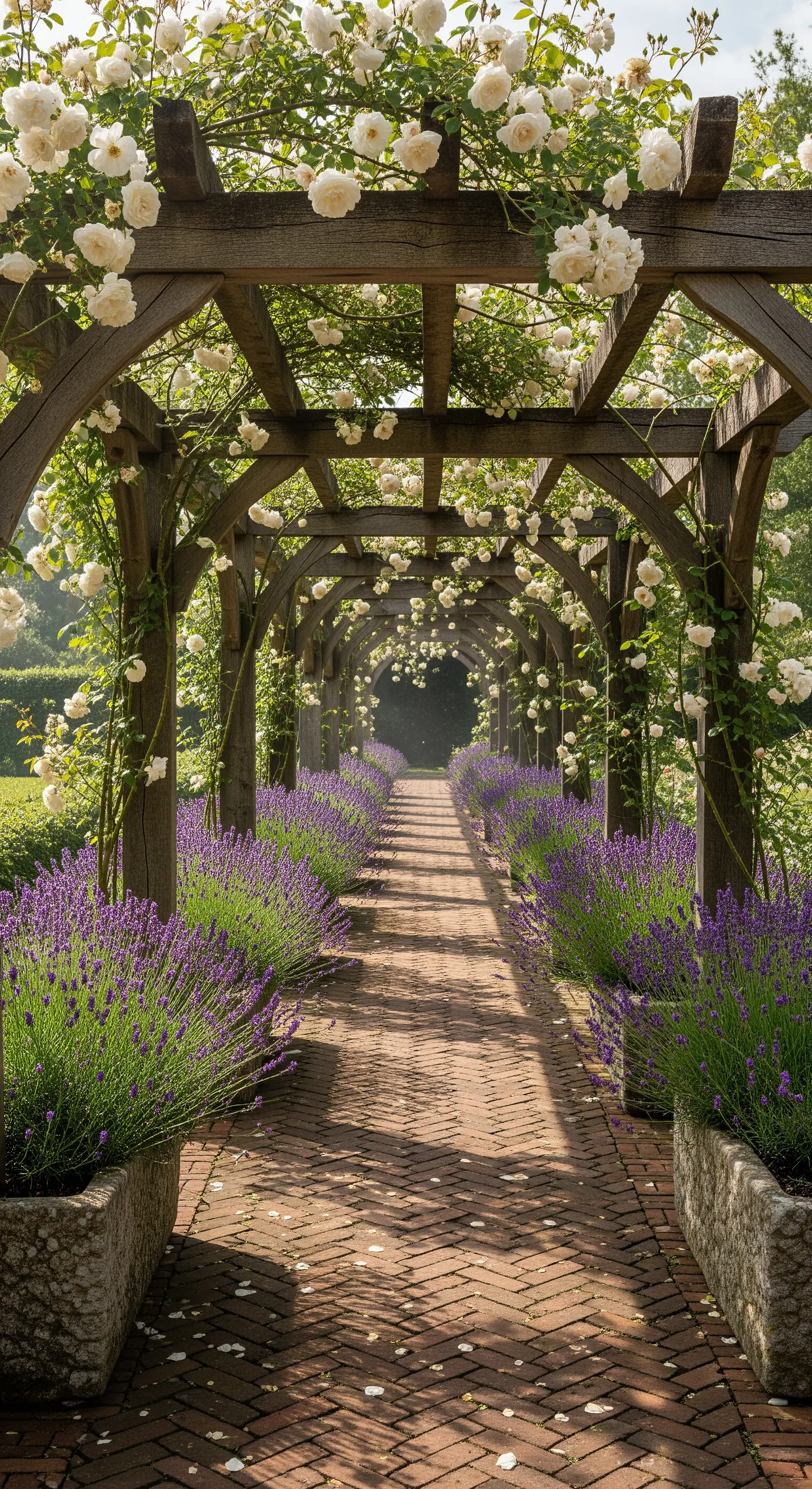 Massive Holzpergola mit weißen Kletterrosen über Ziegelpfad und Lavendel