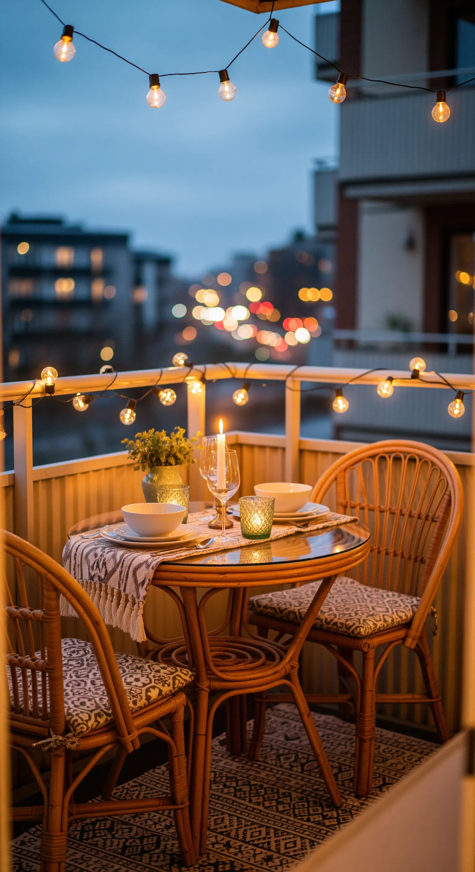 Gemütliches Dinner für zwei auf einem kleinen Balkon mit Lichterketten.