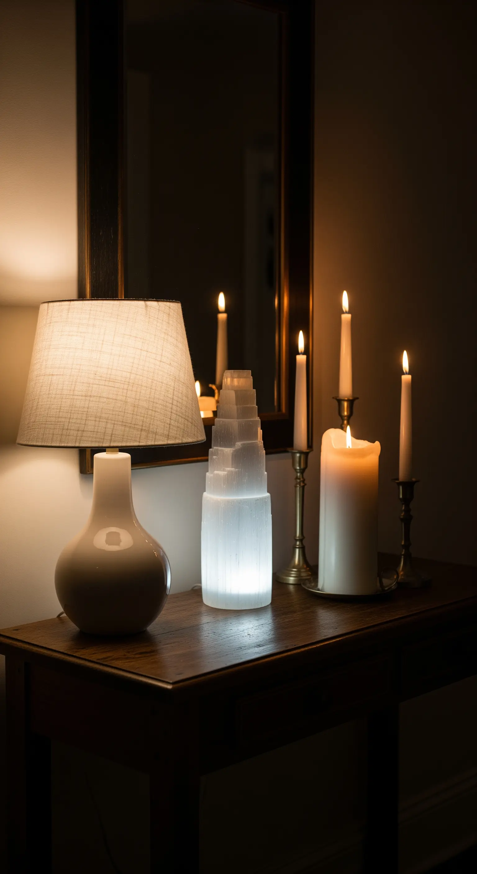 Dunkle Konsole mit Kerzen, einer Tischlampe und einer leuchtenden Selenit-Lampe.
