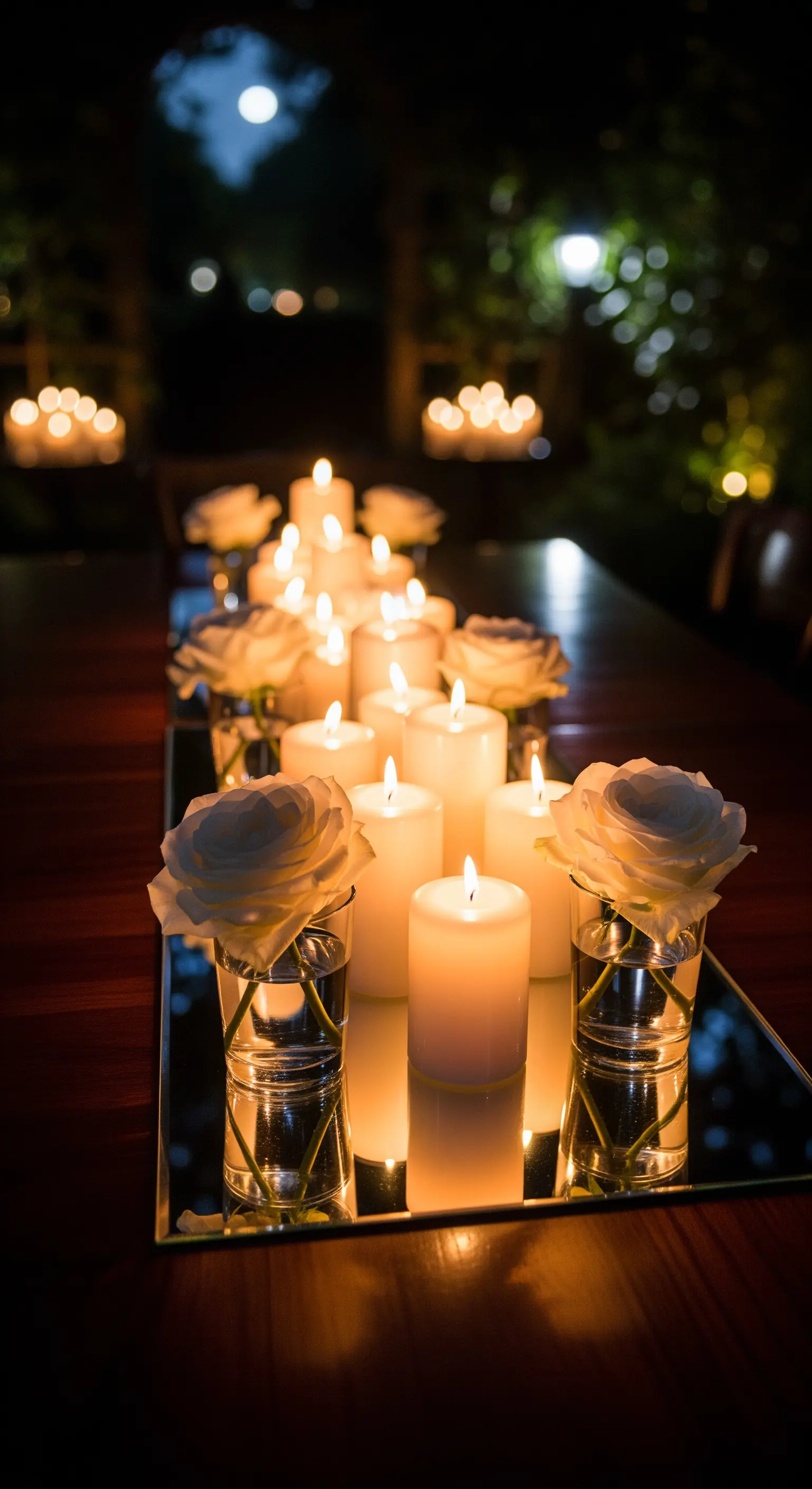 Arrangement aus weißen Kerzen auf einem Spiegel, umrahmt von Rosen in Gläsern.