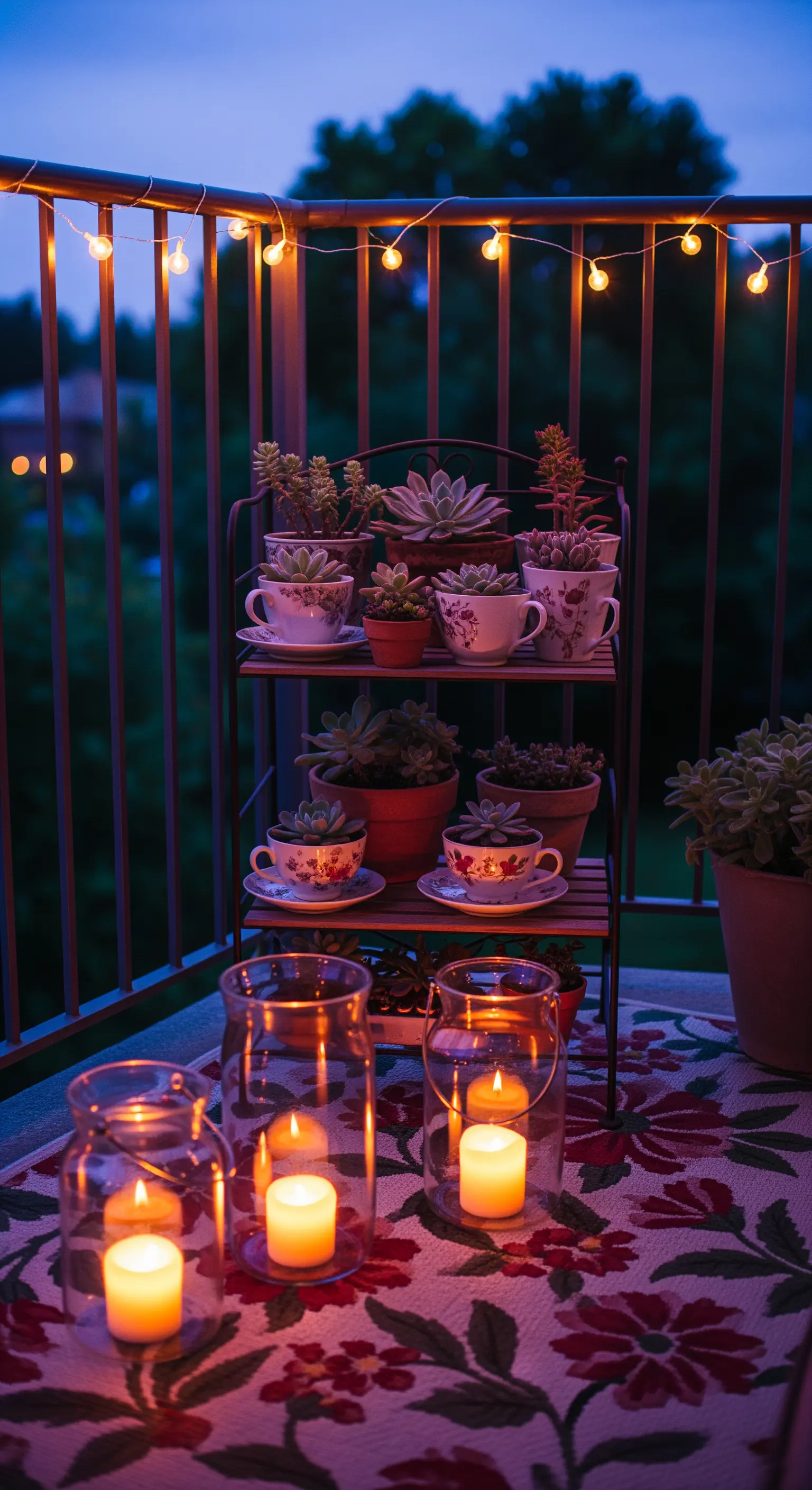Balkon bei Dämmerung mit Lichterkette, Laternen und Sukkulenten-Regal