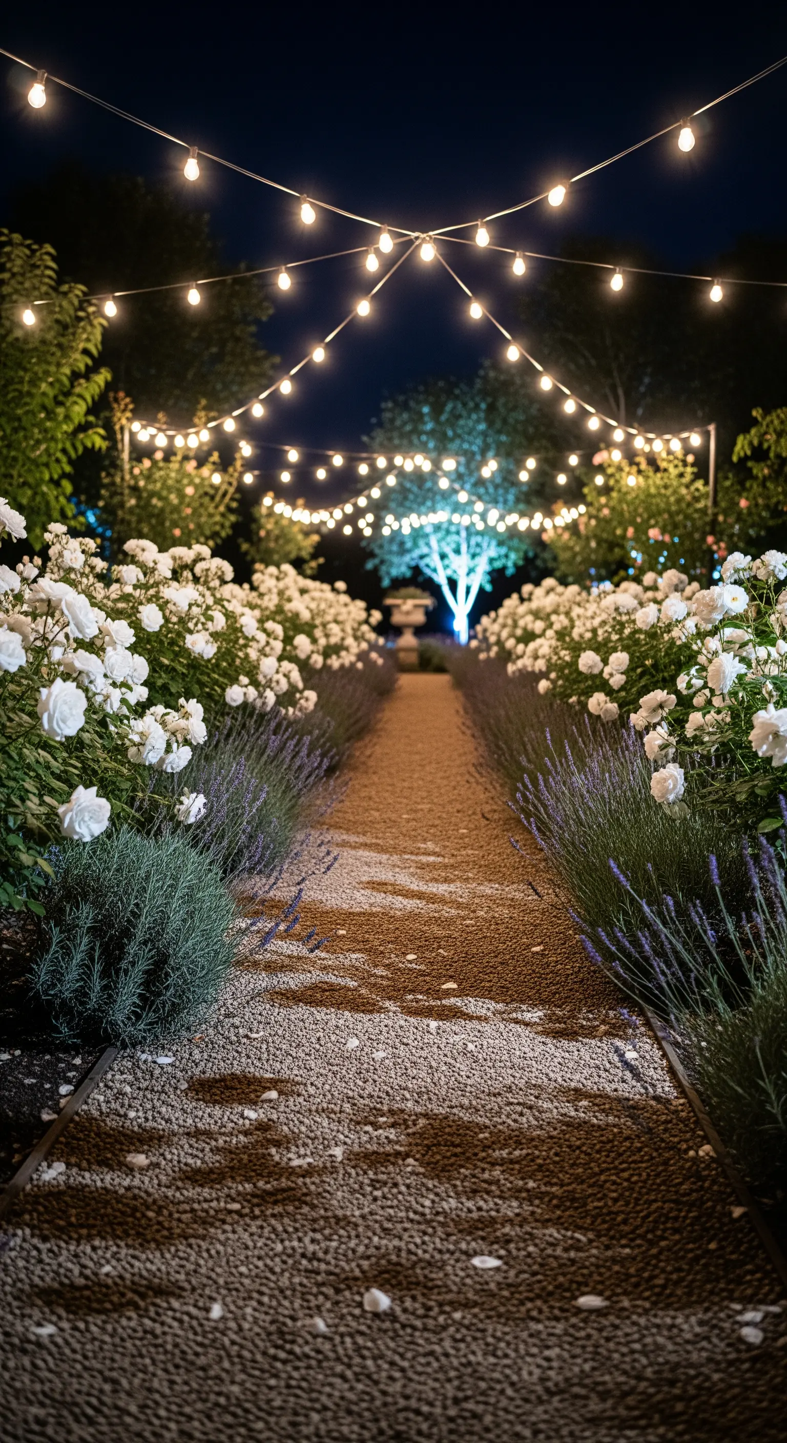 Kiespfad mit Lavendel und weißen Rosen, beleuchtet von warmen Lichterketten am Abend
