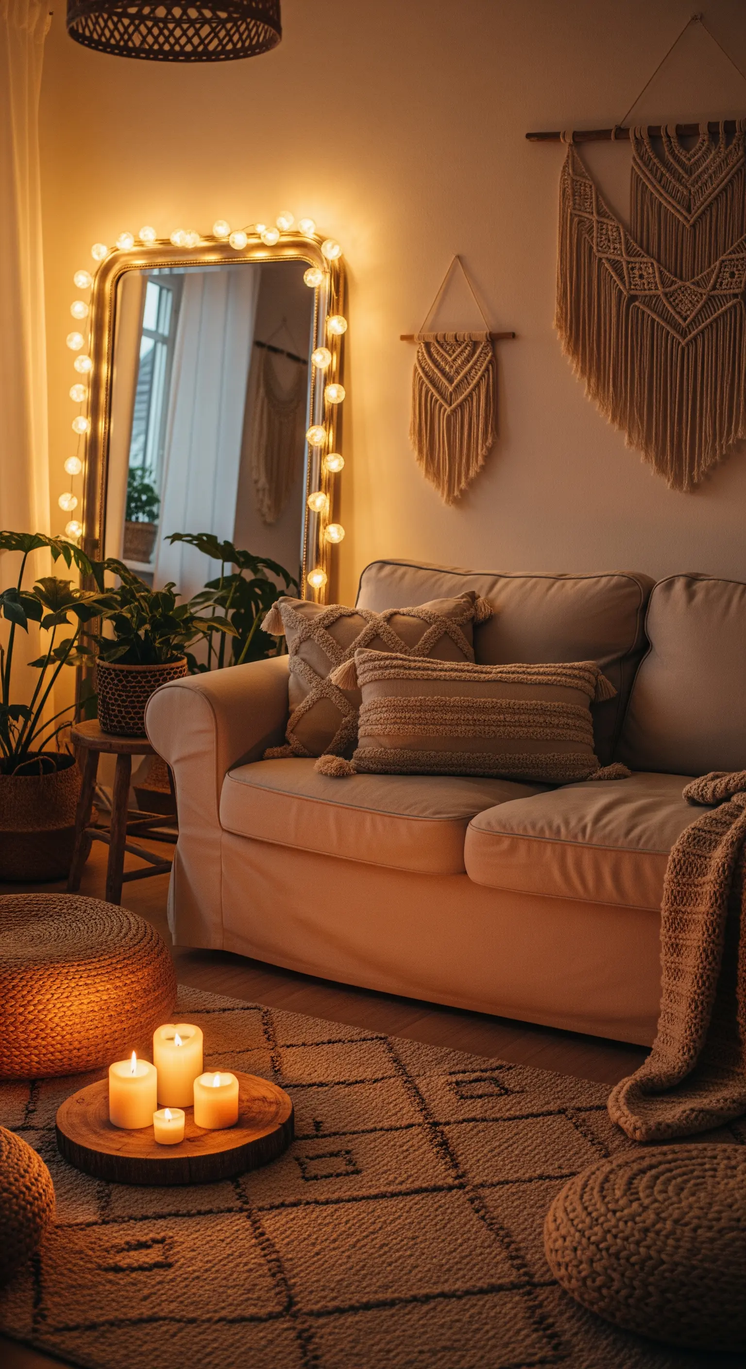 Spiegel mit Lichterkette, Kerzen auf Holzteller, Makramee-Deko