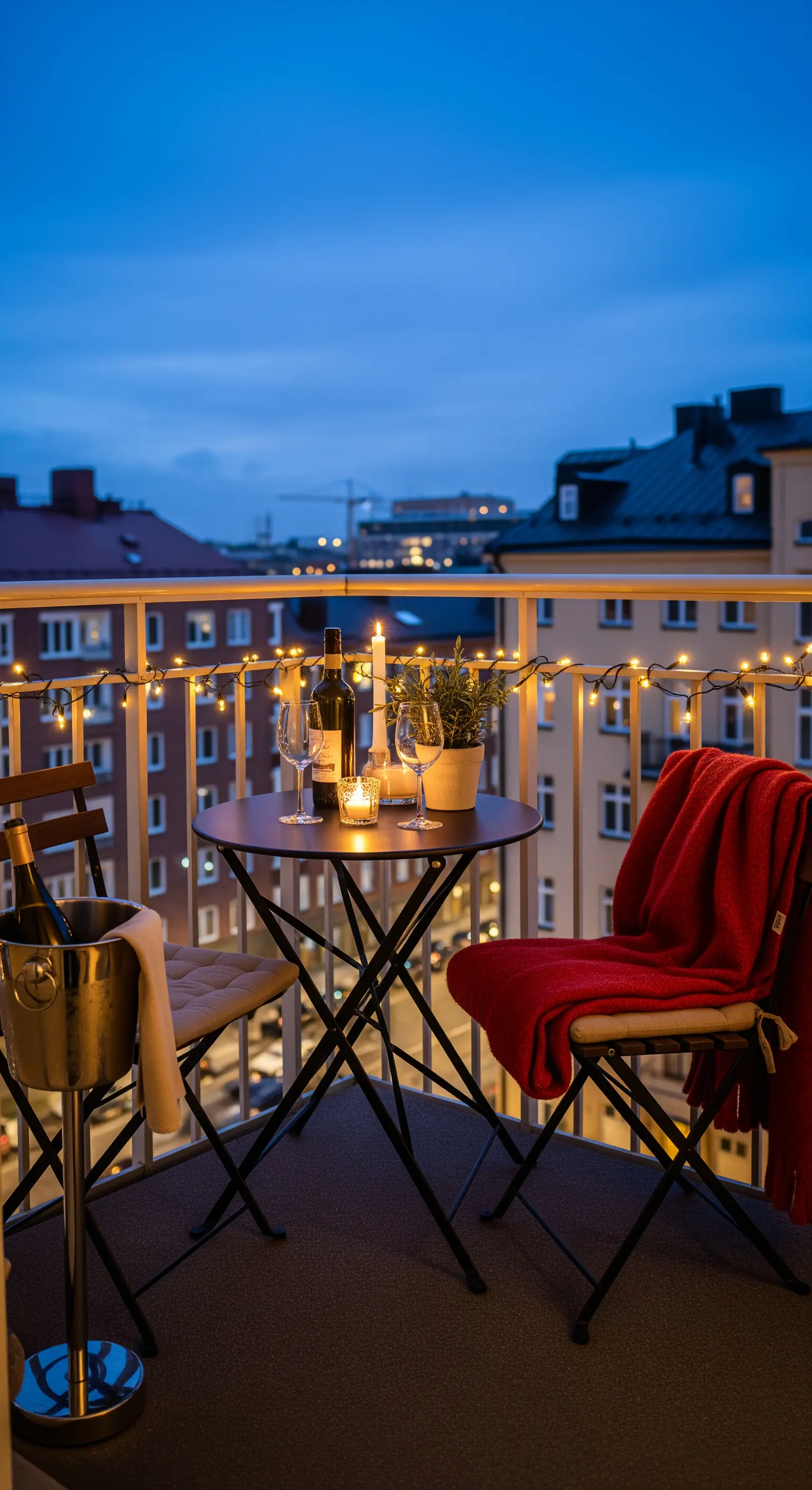 Kleiner Balkon bei Dämmerung mit Lichterkette, Kerzen und einer roten Decke.