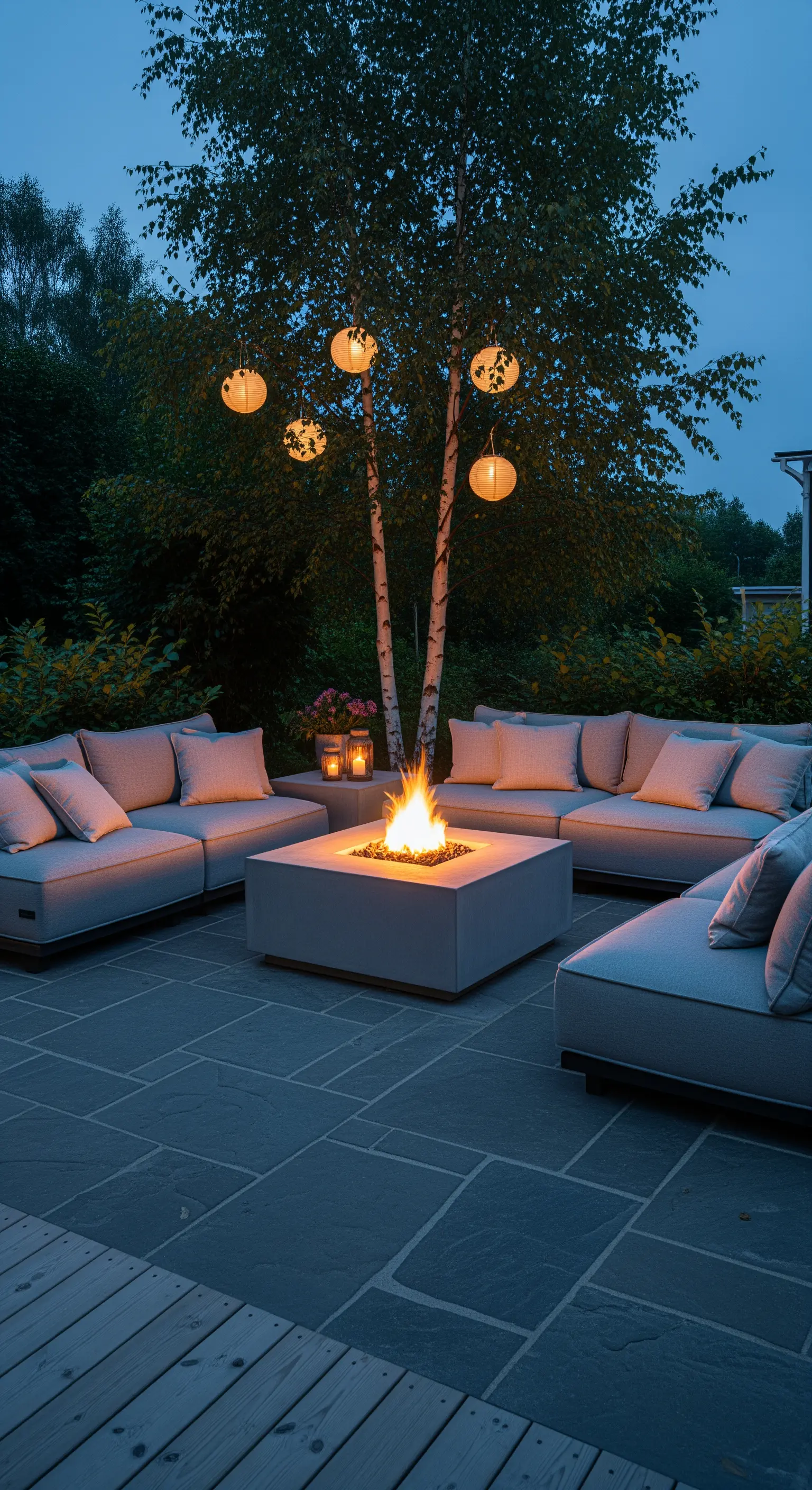 Moderne Feuerstelle umgeben von grauen Loungemöbeln, beleuchtet von Papierlaternen in einem Baum