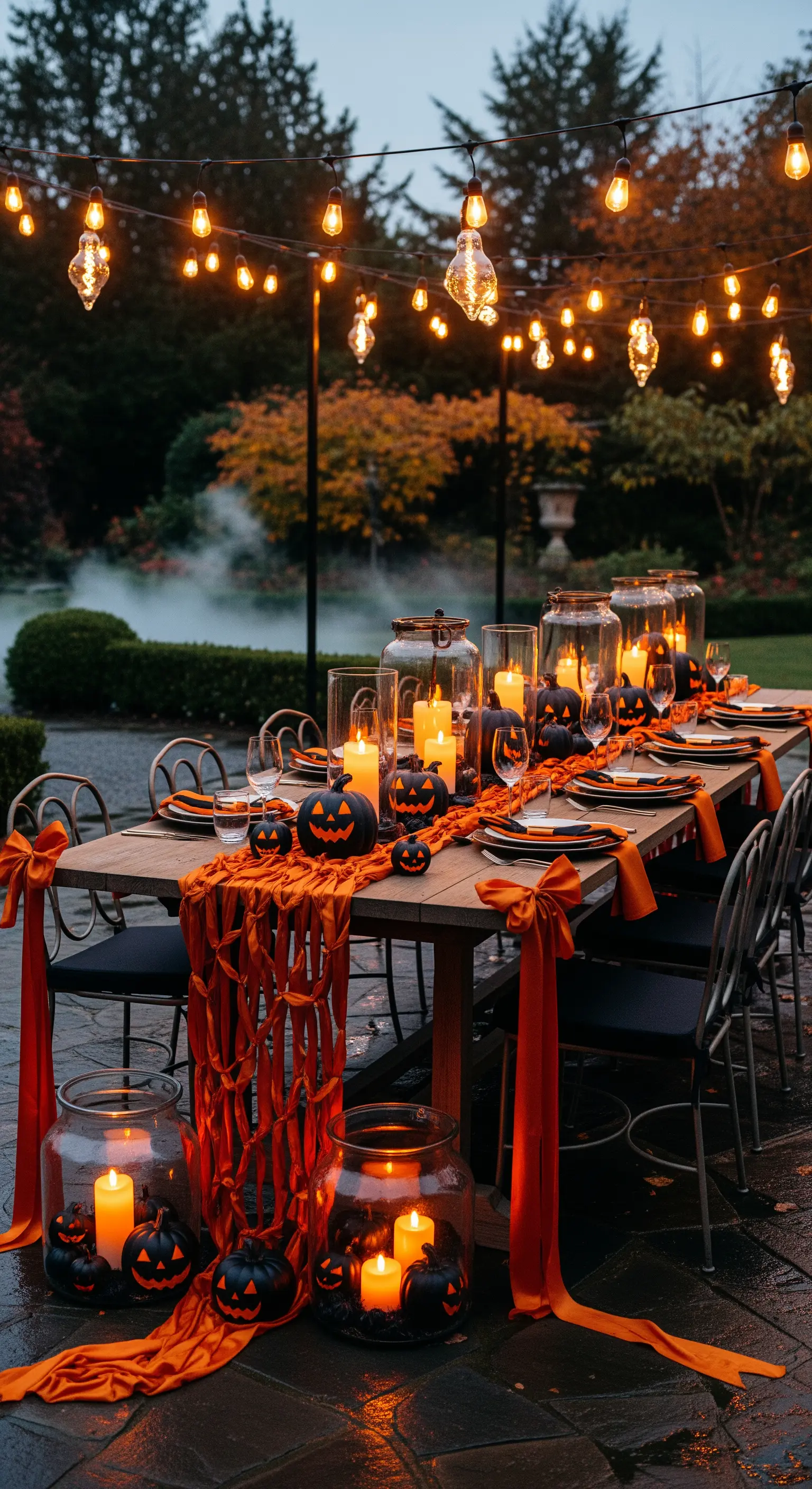 Outdoor Halloween Tischdeko mit Lichterketten, orangefarbenem Läufer und Kerzenlaternen