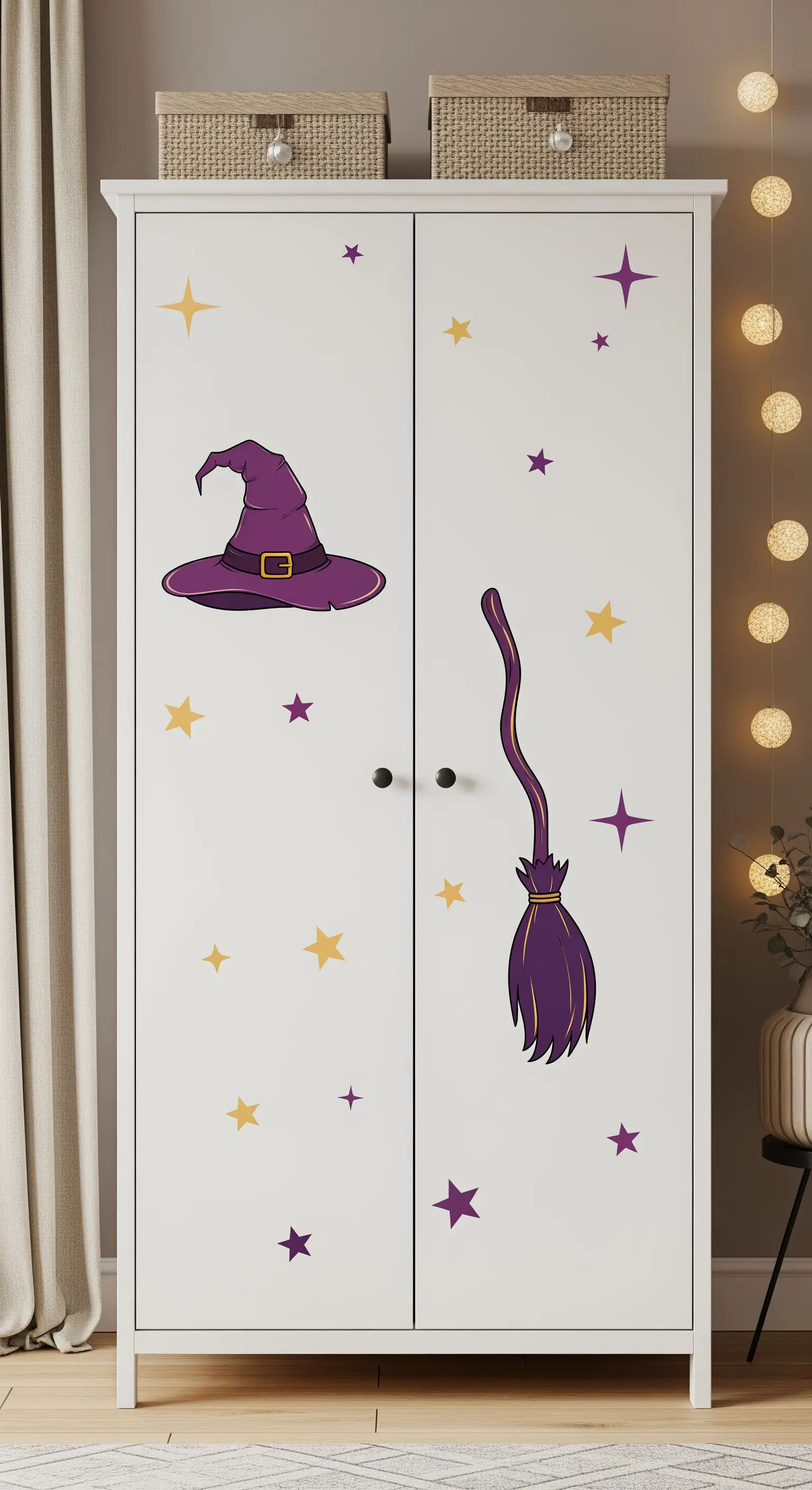 Ein weißer Kleiderschrank, dekoriert mit lila und goldenen Stickern von einem Hexenhut, Besen und Sternen.