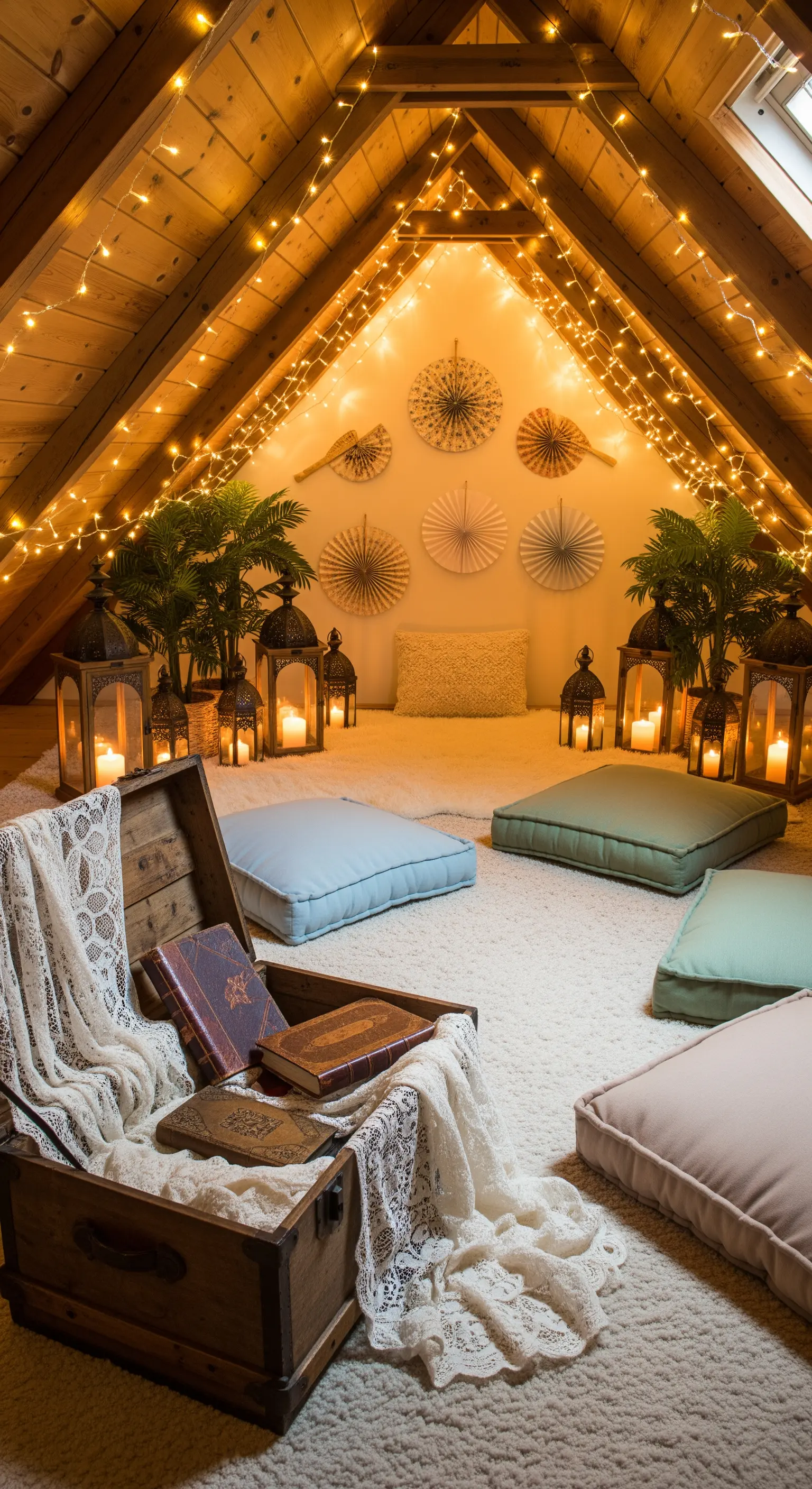 Dachboden Lounge, Lichterketten, Bodenkissen, Laternen, alte Bücher, Pflanzen