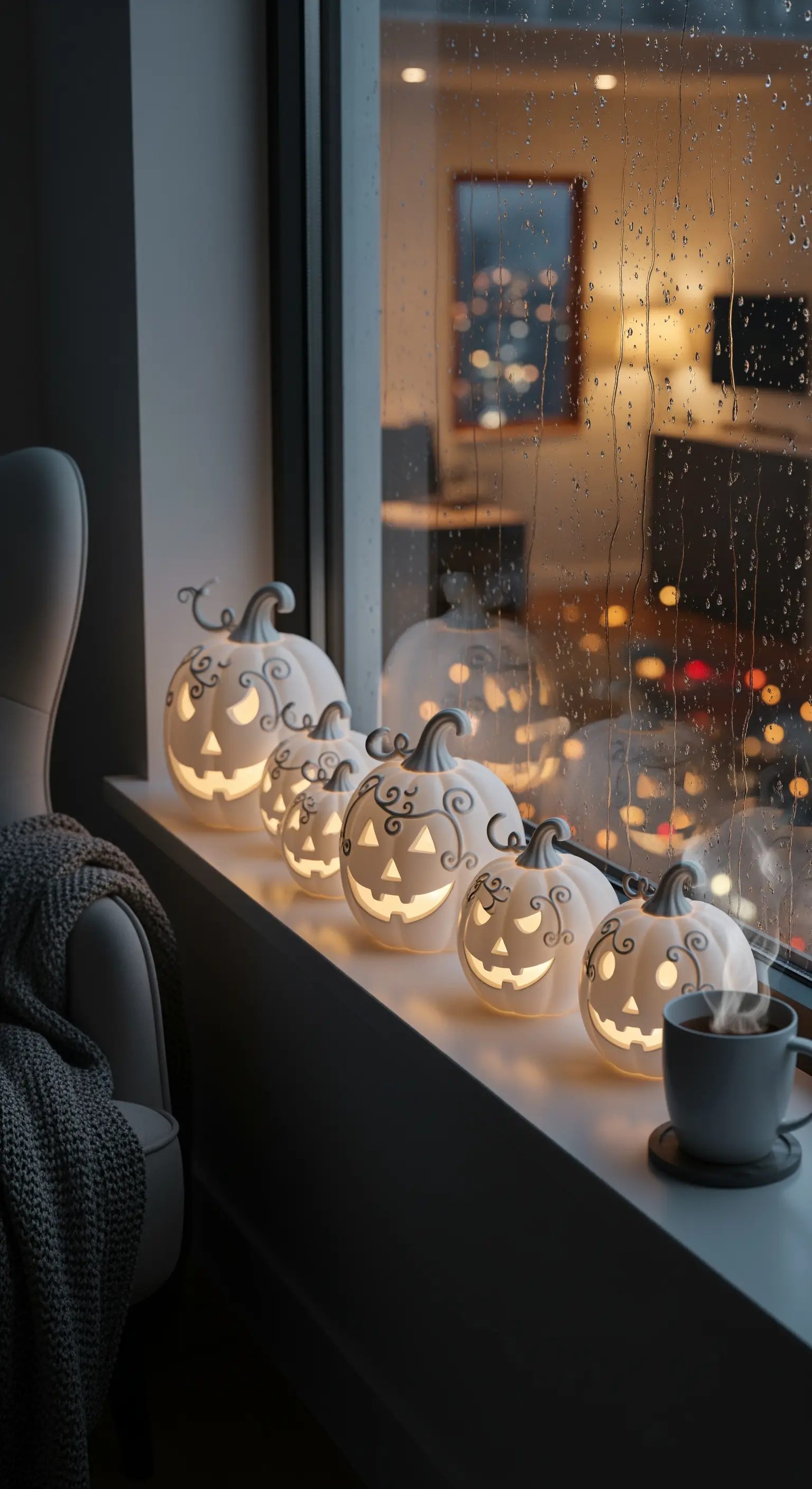 Fensterbank mit beleuchteten weißen Keramikkürbissen, Regen draußen, Tasse drinnen.