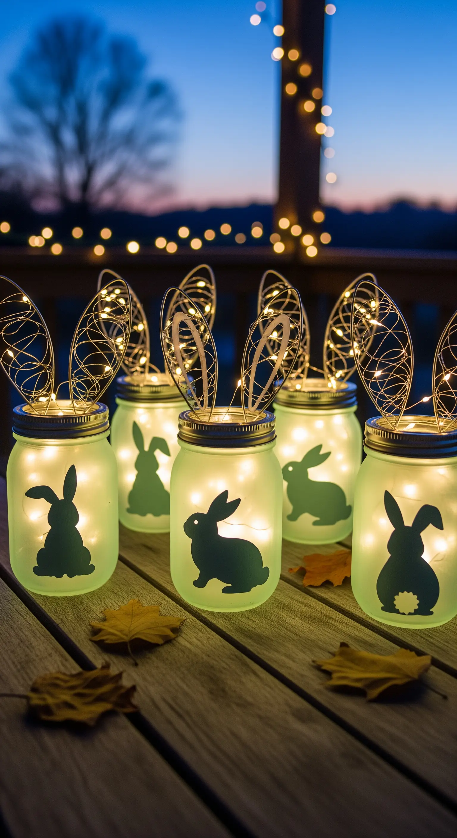 Leuchtende Einmachgläser mit Hasen-Silhouetten und Lichterketten auf Holz