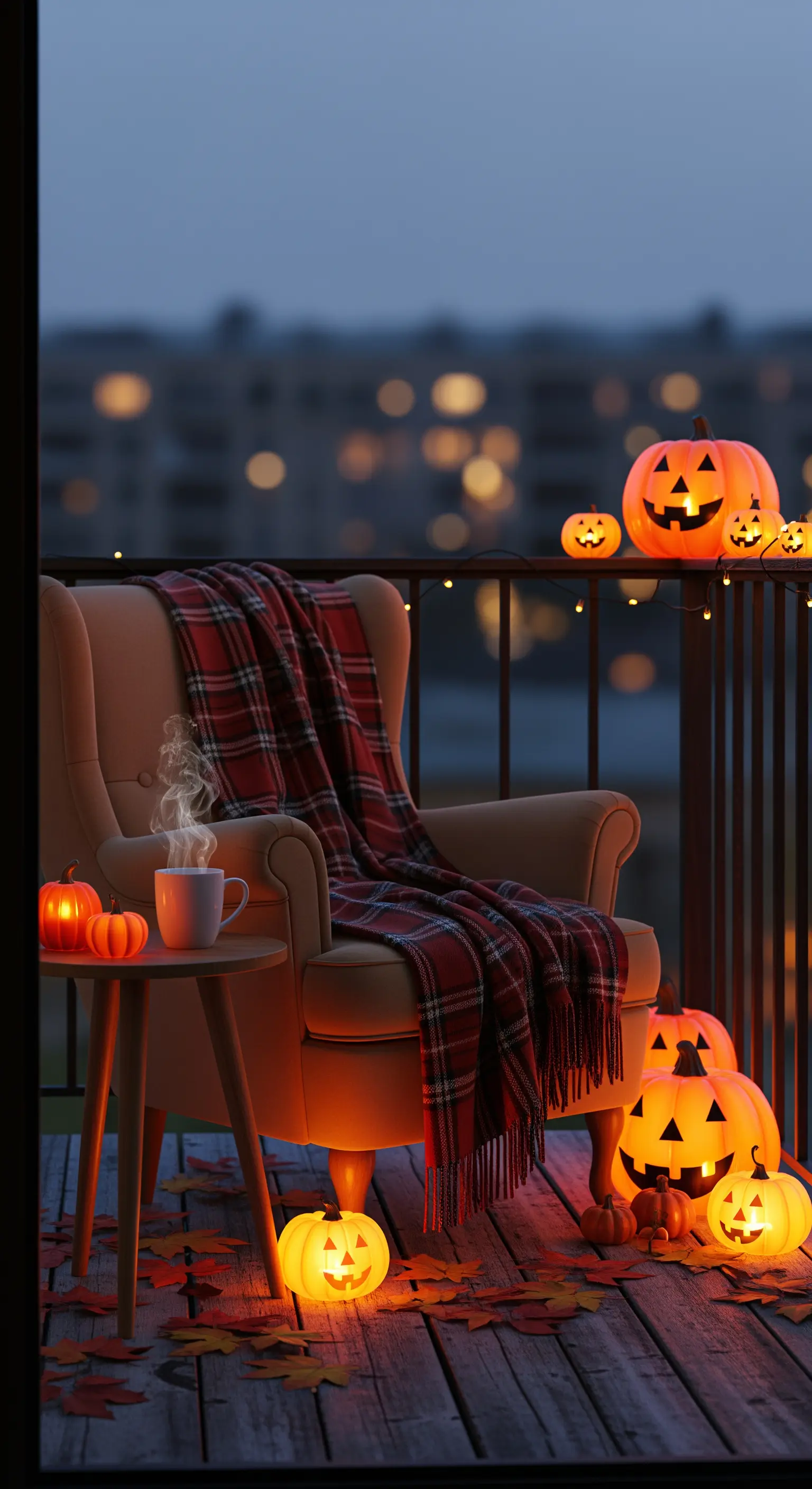 Balkon Deko bei Dämmerung mit Sessel, Lichterkette, leuchtenden Kürbissen