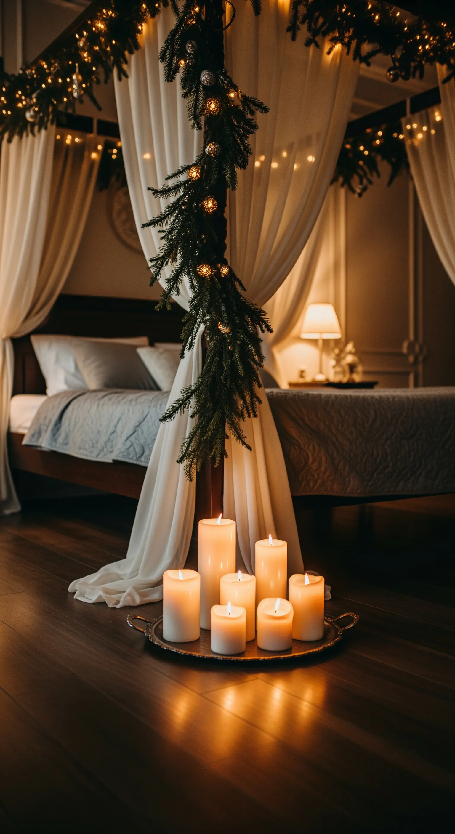 Lichterketten und Kerzen am Himmelbett für eine märchenhafte und gemütliche Atmosphäre.