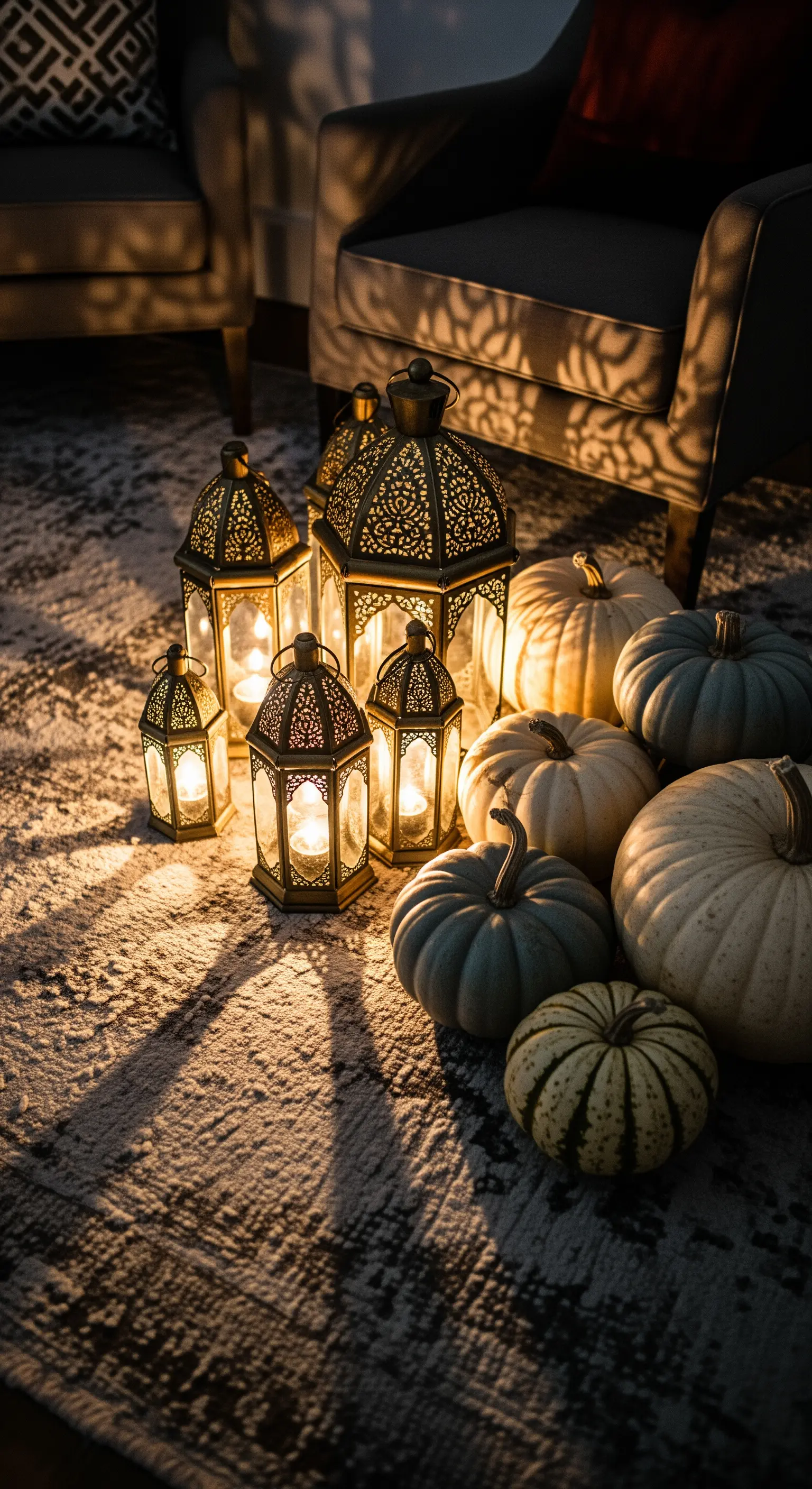 Bodendekoration mit orientalischen Laternen, weißen und mintgrünen Kürbissen.