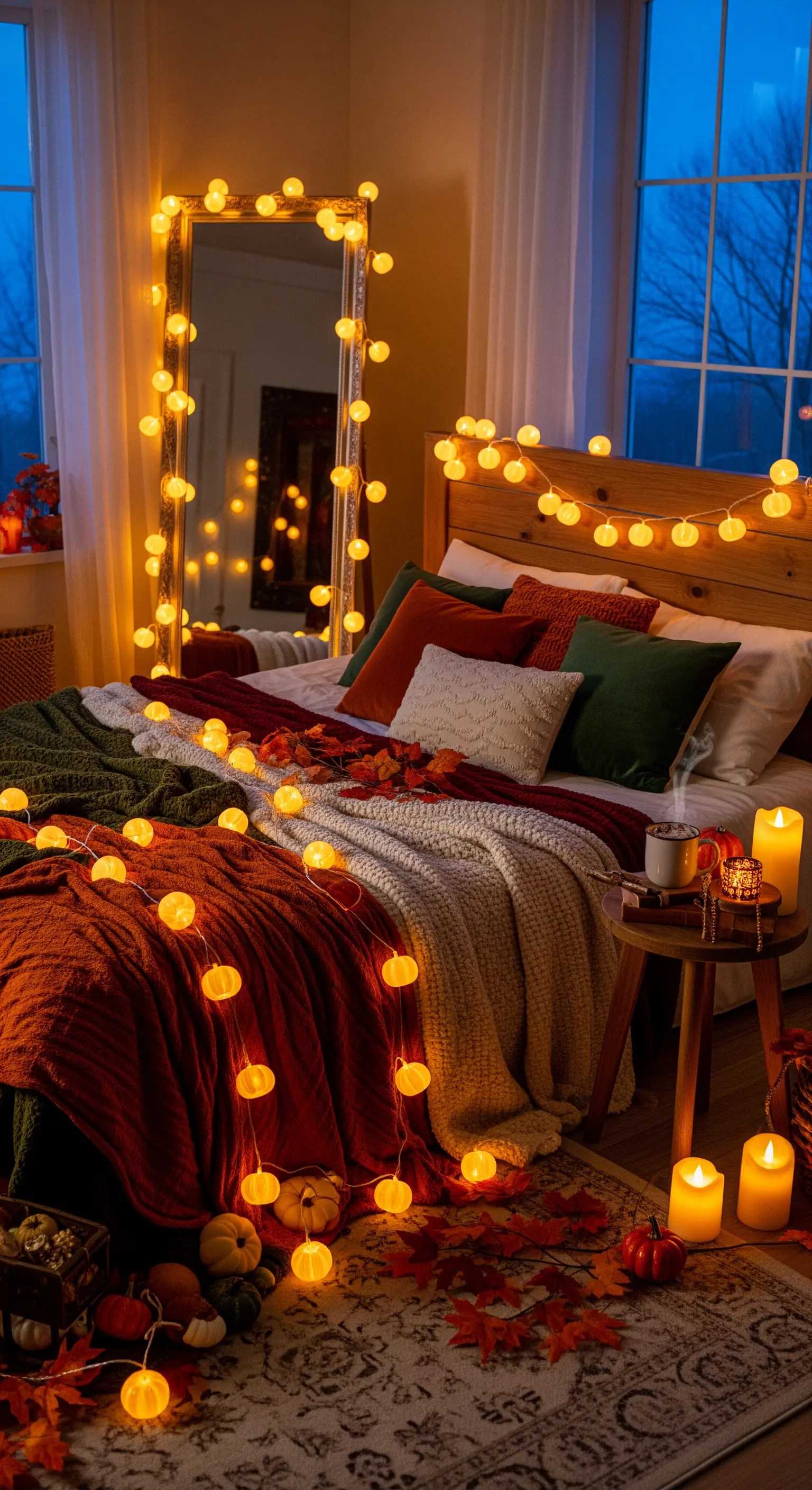 Schlafzimmer mit Betthimmel, vielen Lichterketten, Kerzen und Kürbissen im Herbst