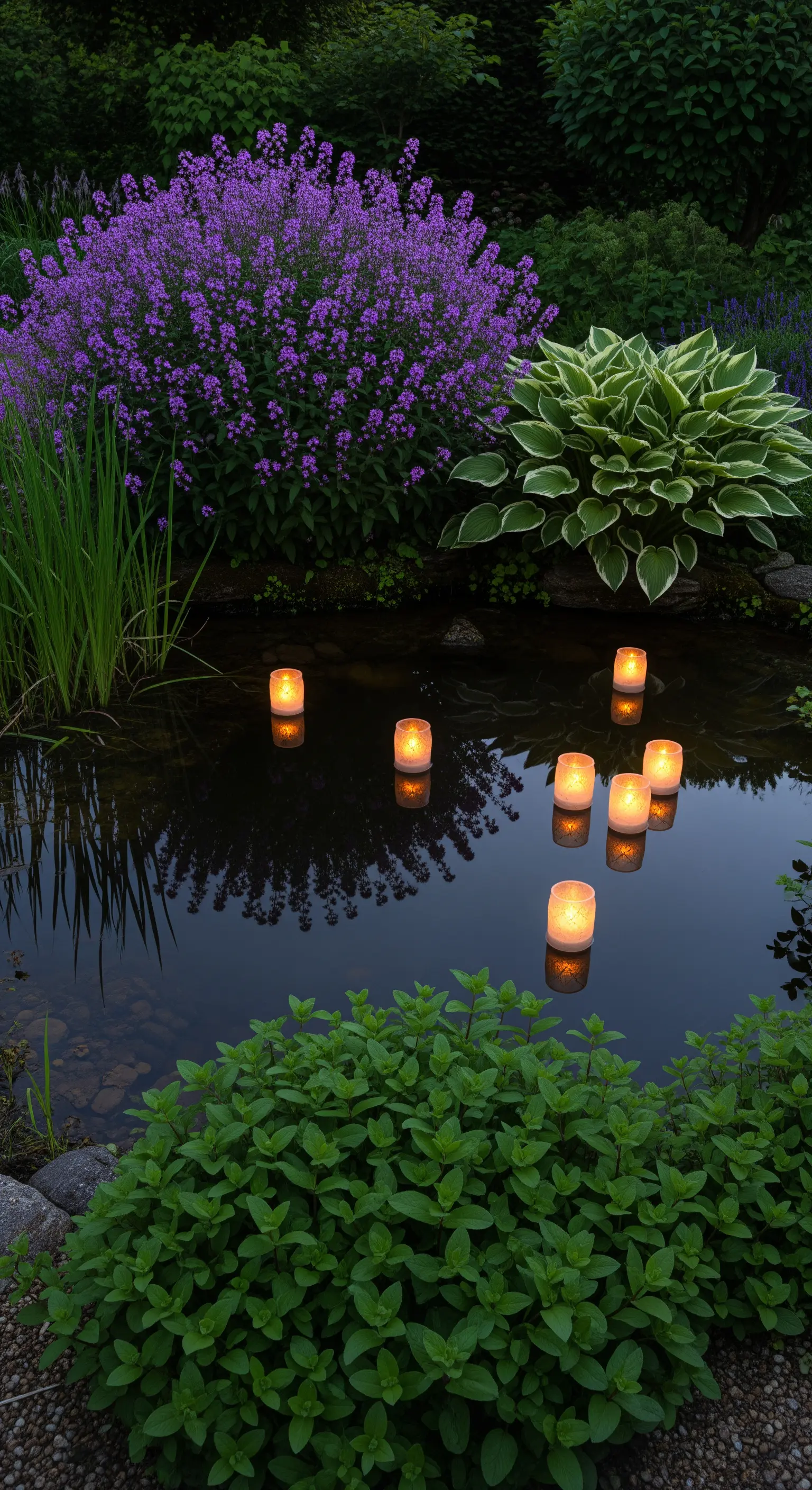 Ein dunkler Gartenteich, auf dem schwimmende Kerzen leuchten, umgeben von üppigen, duftenden Uferpflanzen.