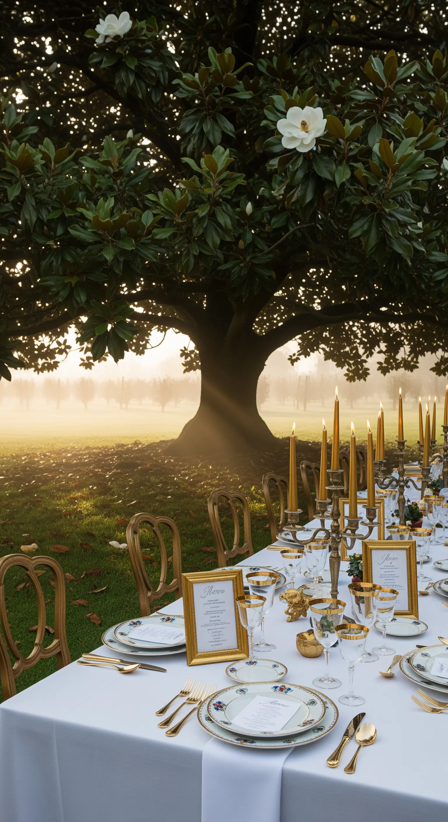Lange Tafel unter Magnolienbaum, goldene Kerzenständer, weißes Porzellan, frühe Morgenstimmung