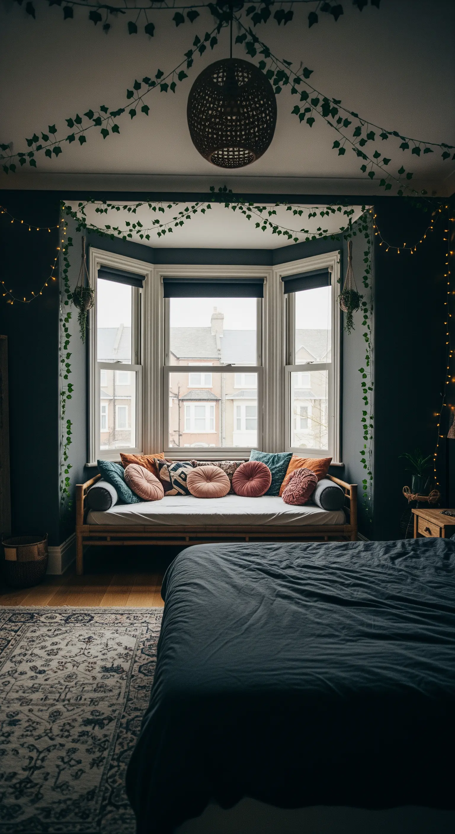 Dunkles Schlafzimmer mit Erker-Sofa, Efeugirlanden an der Decke und Lichterketten