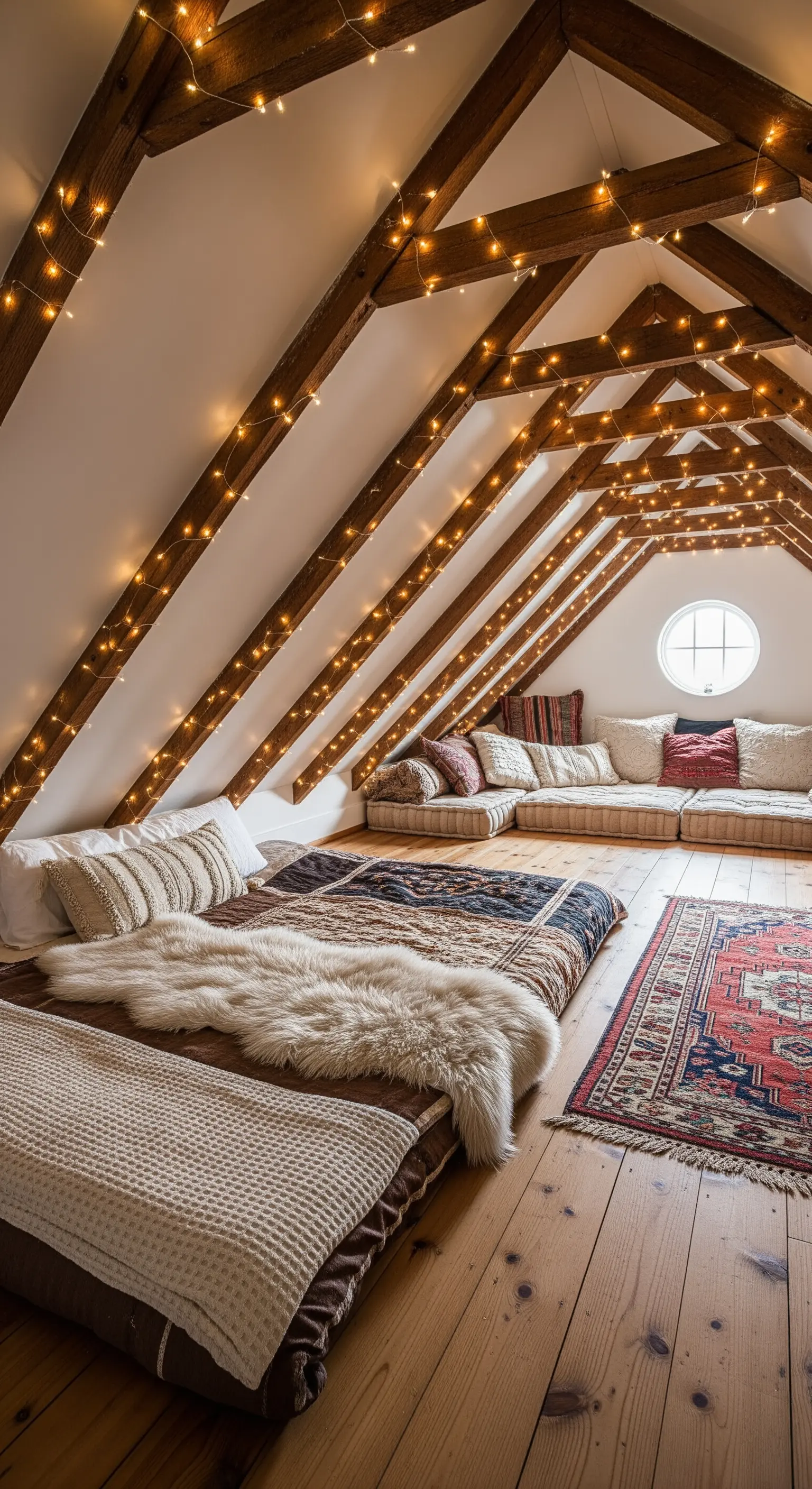 Gemütlicher Dachboden mit Lichterketten an den Holzbalken und Bodenmatratzen.
