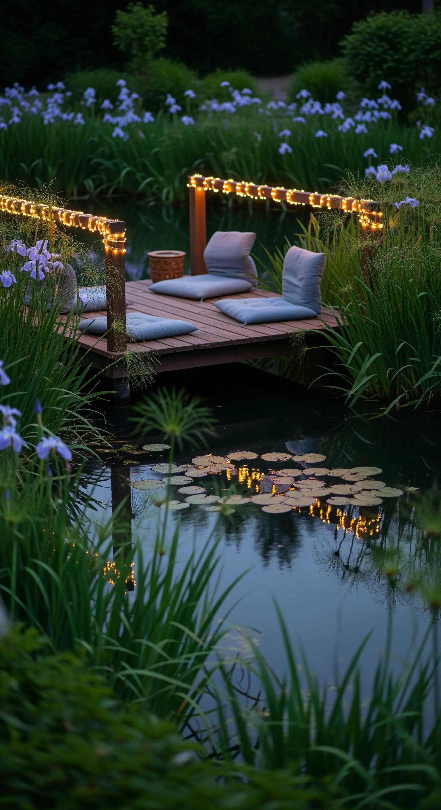 Ein kleiner Holzsteg an einem Teich, dessen Geländer mit Lichterketten umwickelt ist, die sich im Wasser spiegeln.