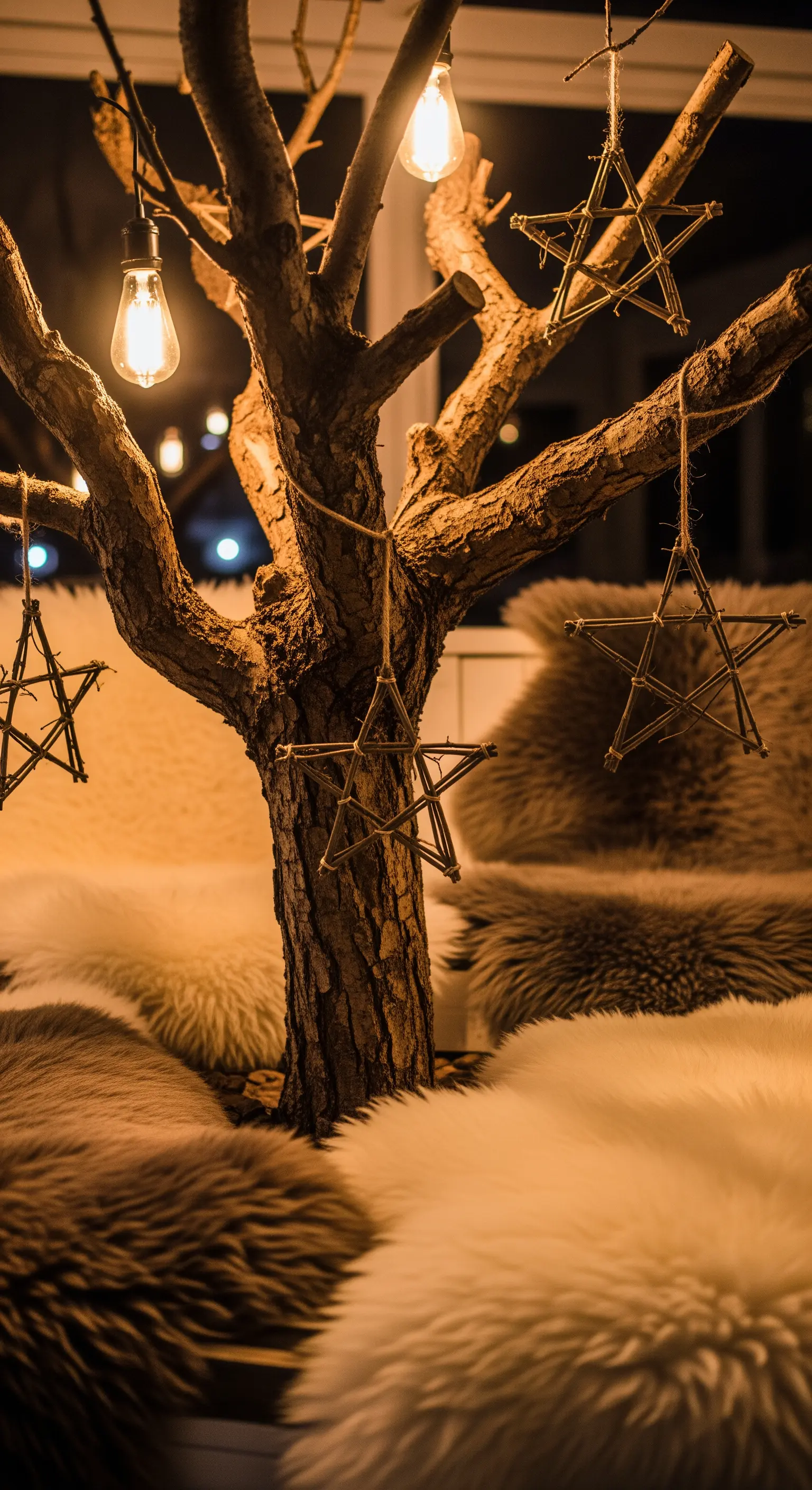 Dekorativer Rindenbaum mit Sternen aus Draht, Edison-Glühbirnen und Kunstfell-Bodenkissen.