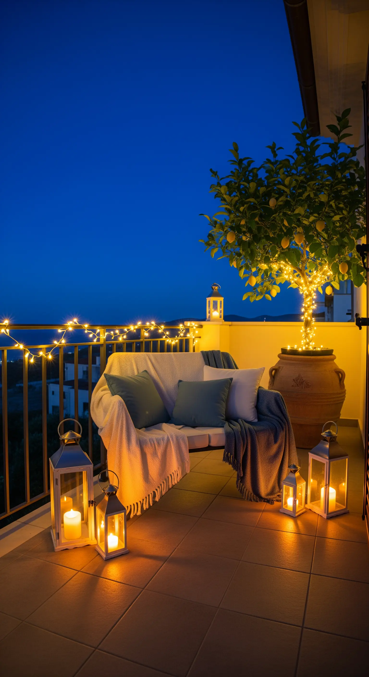 Mediterraner Balkon bei Nacht mit Lichterketten, Laternen und beleuchtetem Zitronenbaum.