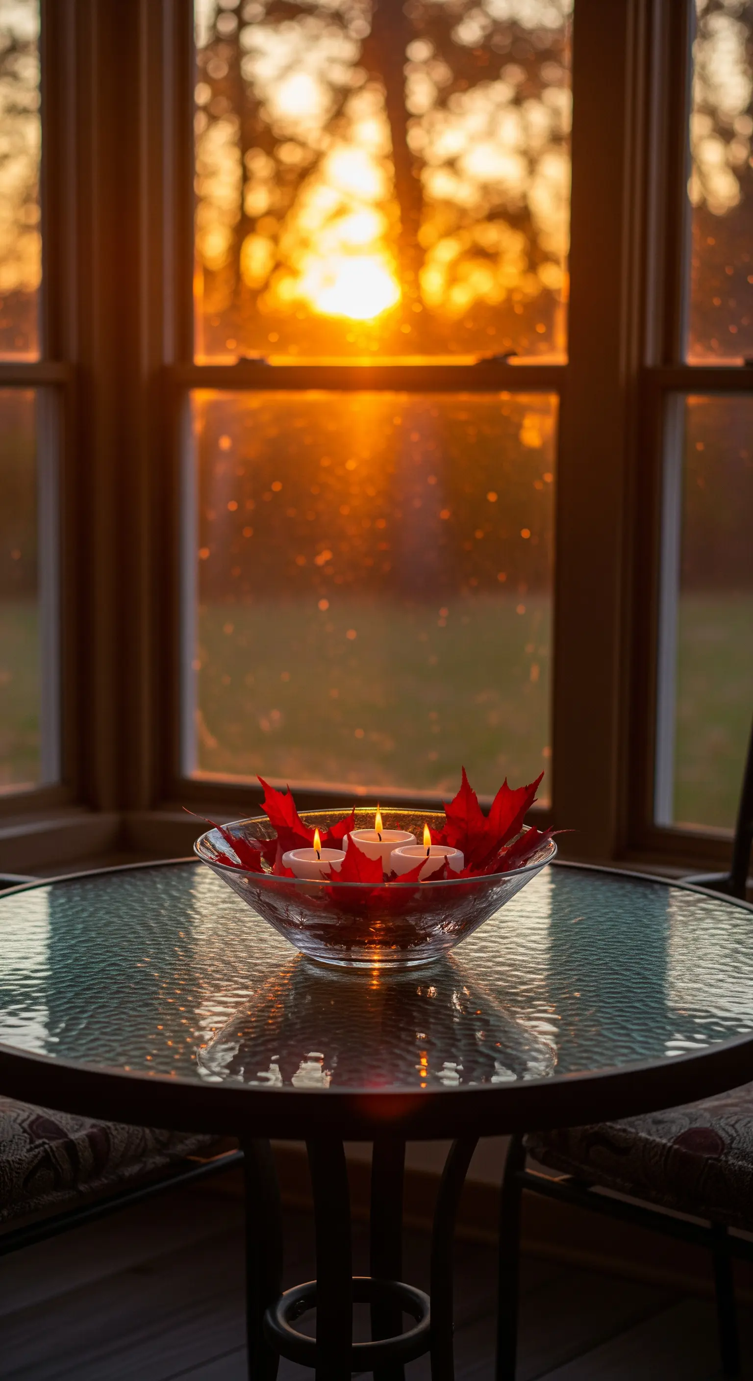 Glastisch mit schwimmenden Kerzen, roten Blättern, Sonnenuntergang.