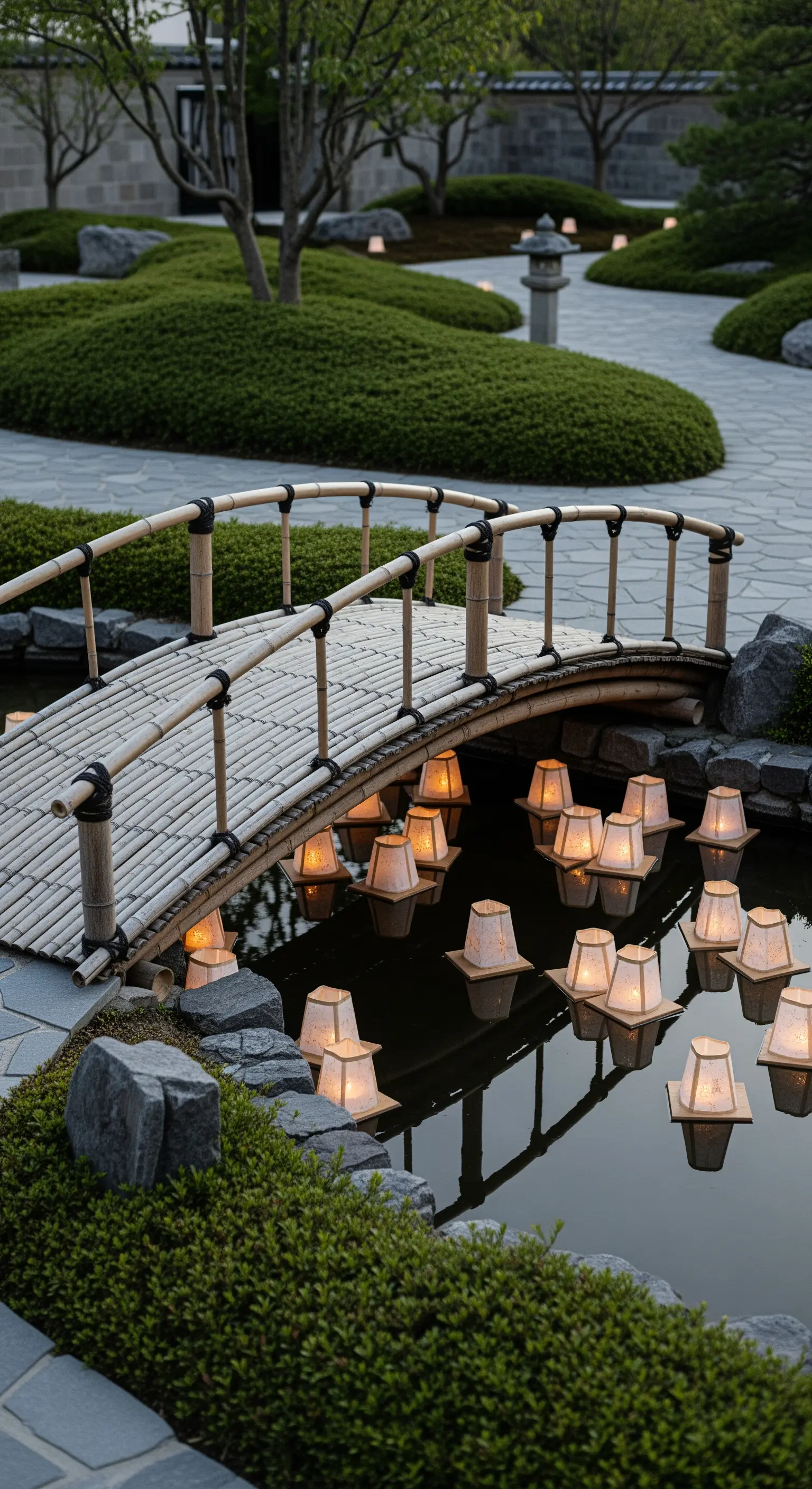 Bambusbrücke über einem Teich mit schwimmenden Papierlaternen bei Dämmerung