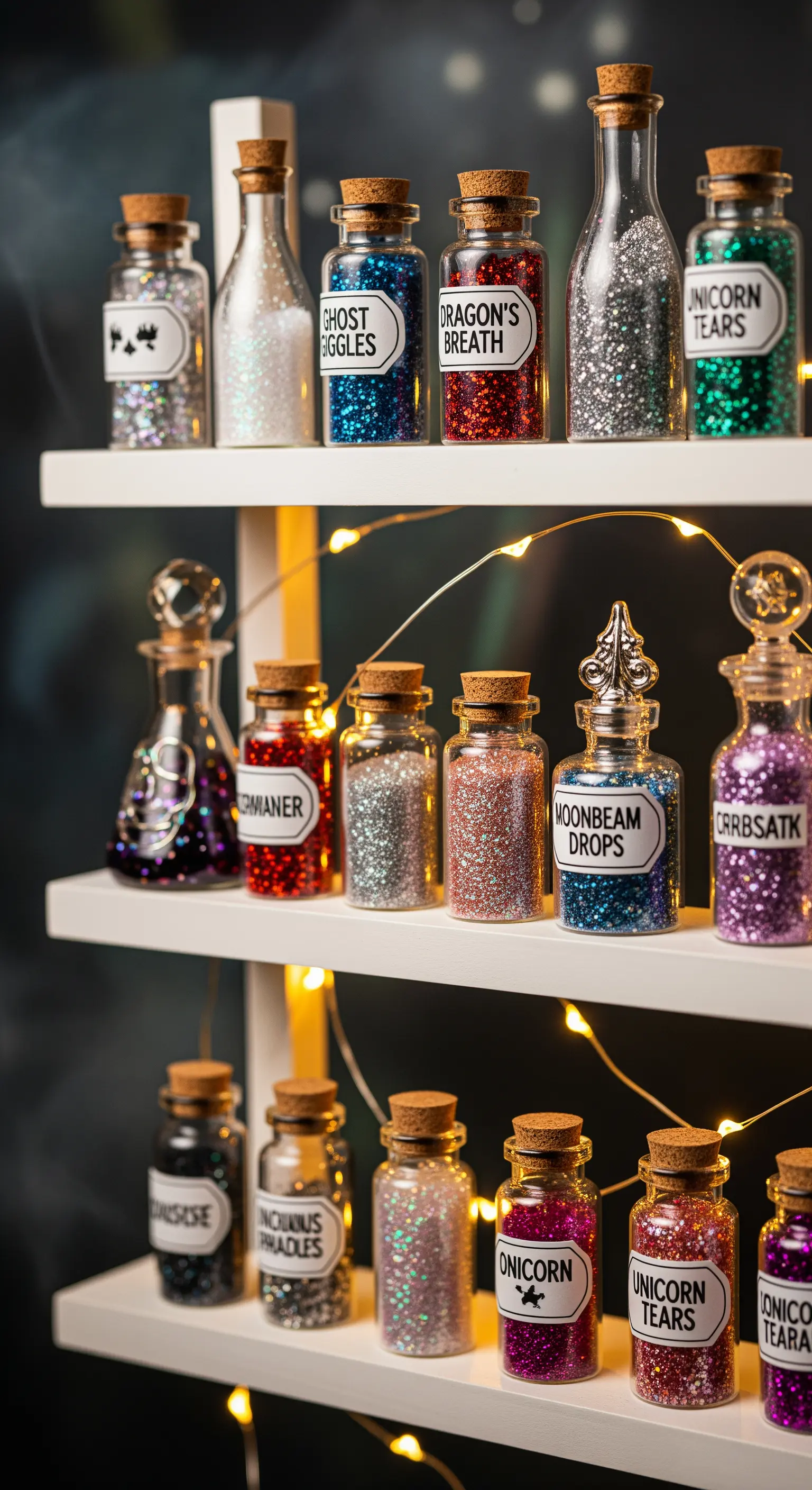 Ein weißes Regal gefüllt mit kleinen Glasflaschen, die mit buntem Glitzer und magischen Etiketten versehen sind.