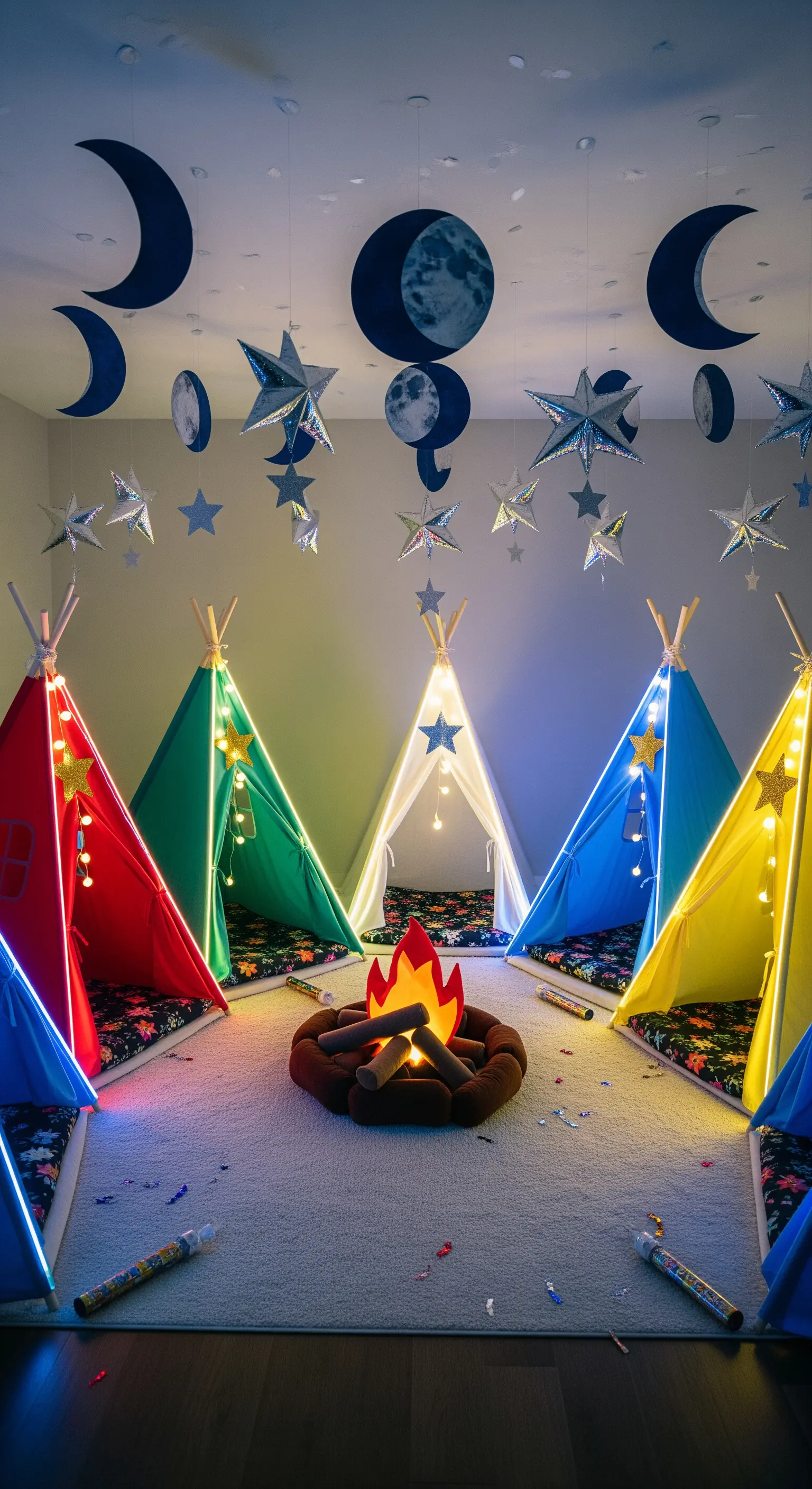 Zeltlager für Kinder mit leuchtenden Zelten, Sternen und Monden für eine Neujahrsparty.