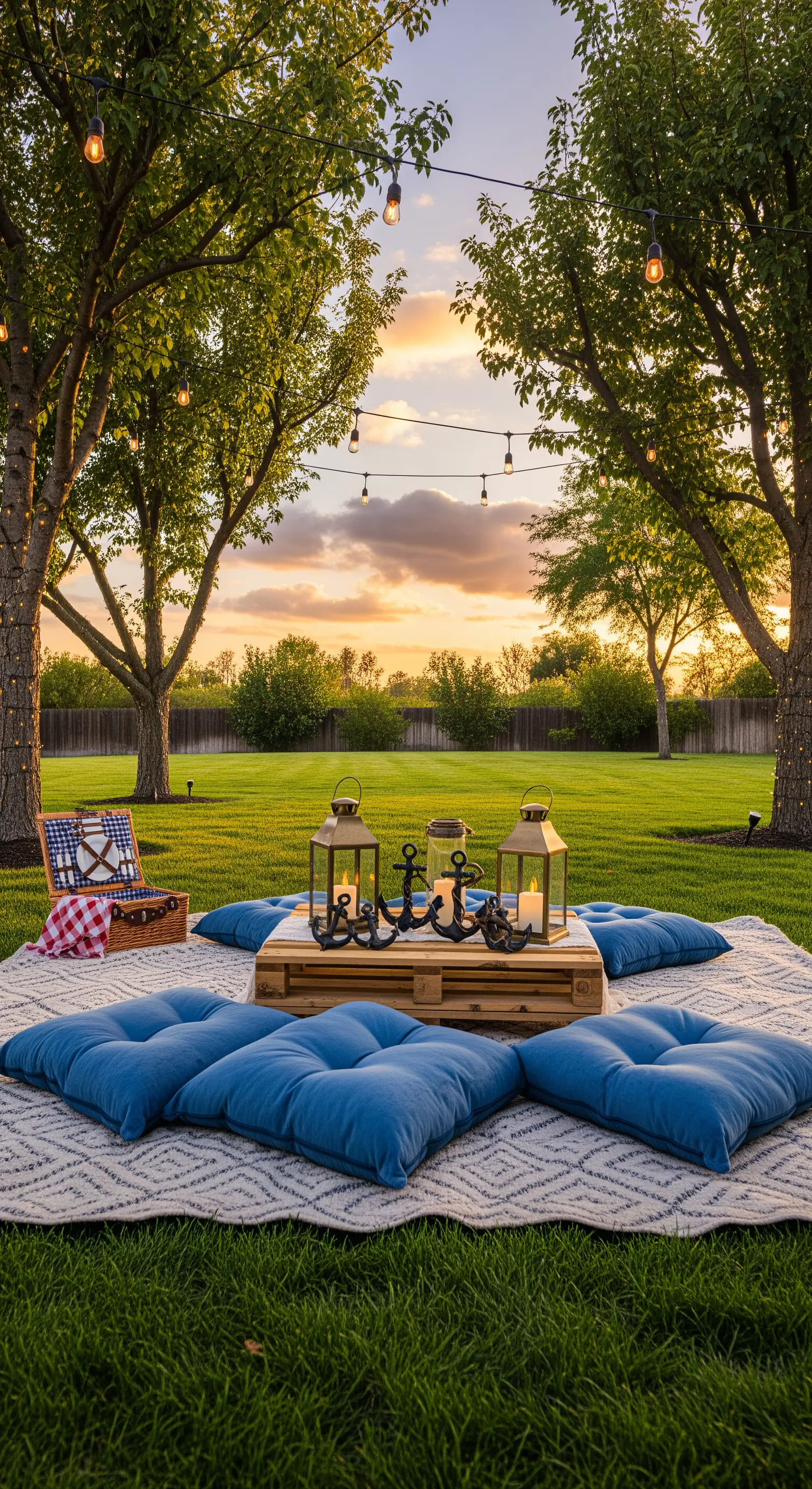 Garten-Picknick mit Lichterketten, Bodenkissen, Laternen und Anker-Deko