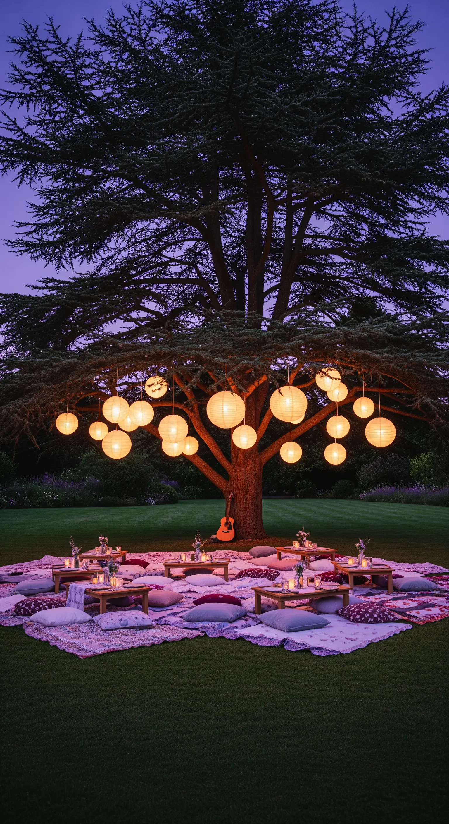 Abend-Picknick unter Baum mit Lampions, niedrigen Tischen und Kissen.