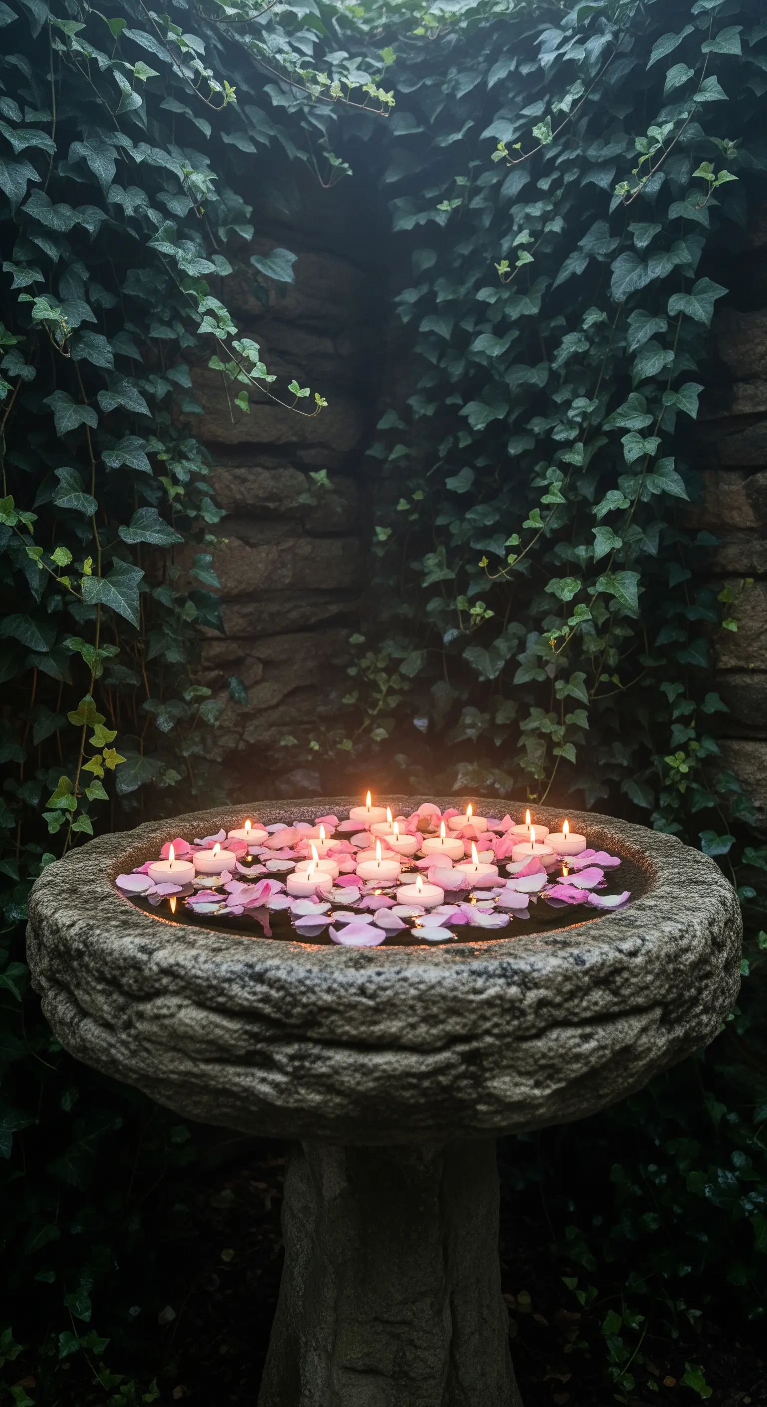 Steinvogeltränke mit schwimmenden Kerzen und rosafarbenen Blütenblättern.