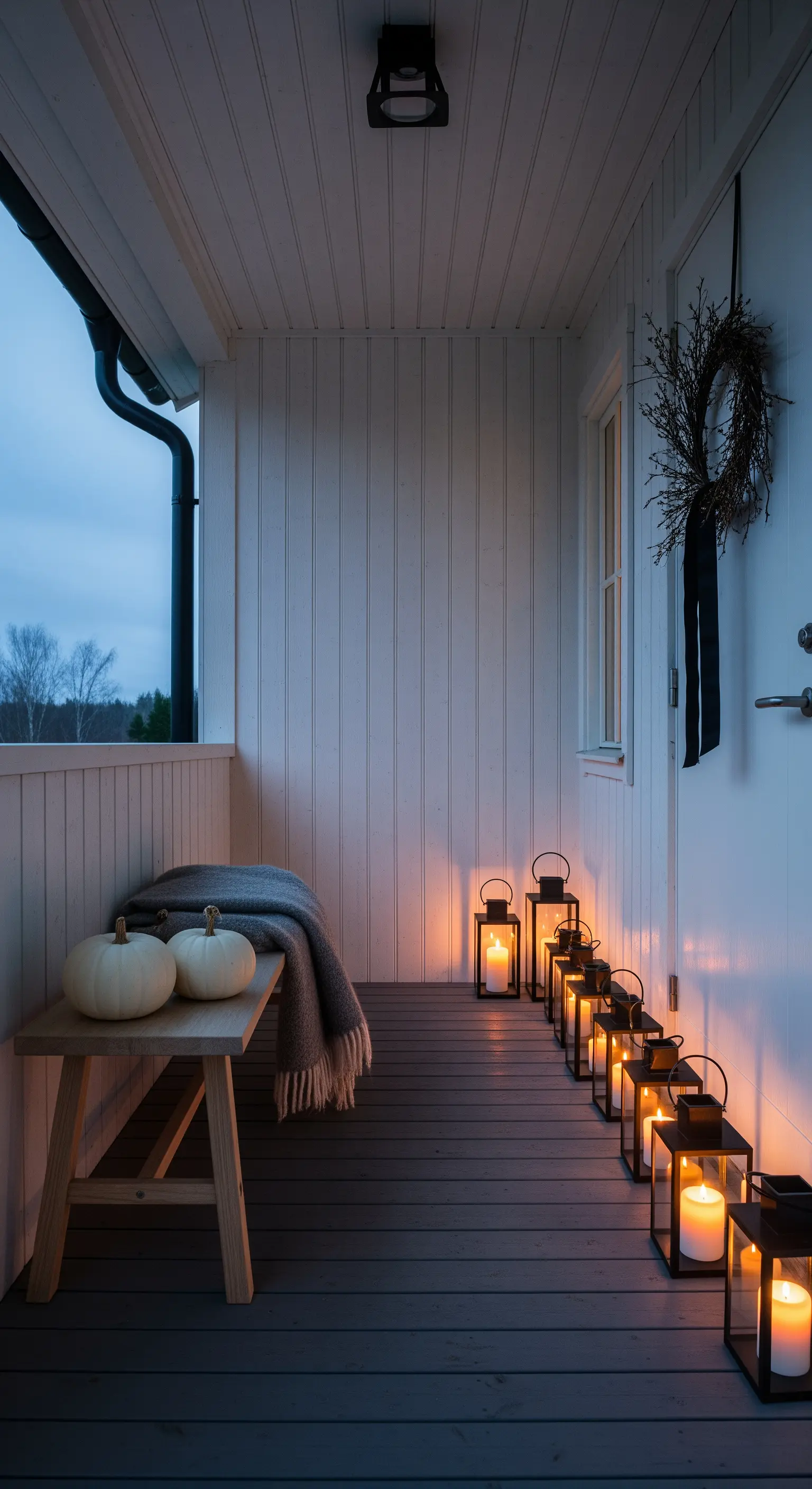 Eingangsbereich mit Laternen, weißen Kürbissen auf einer Bank und dunklem Kranz.