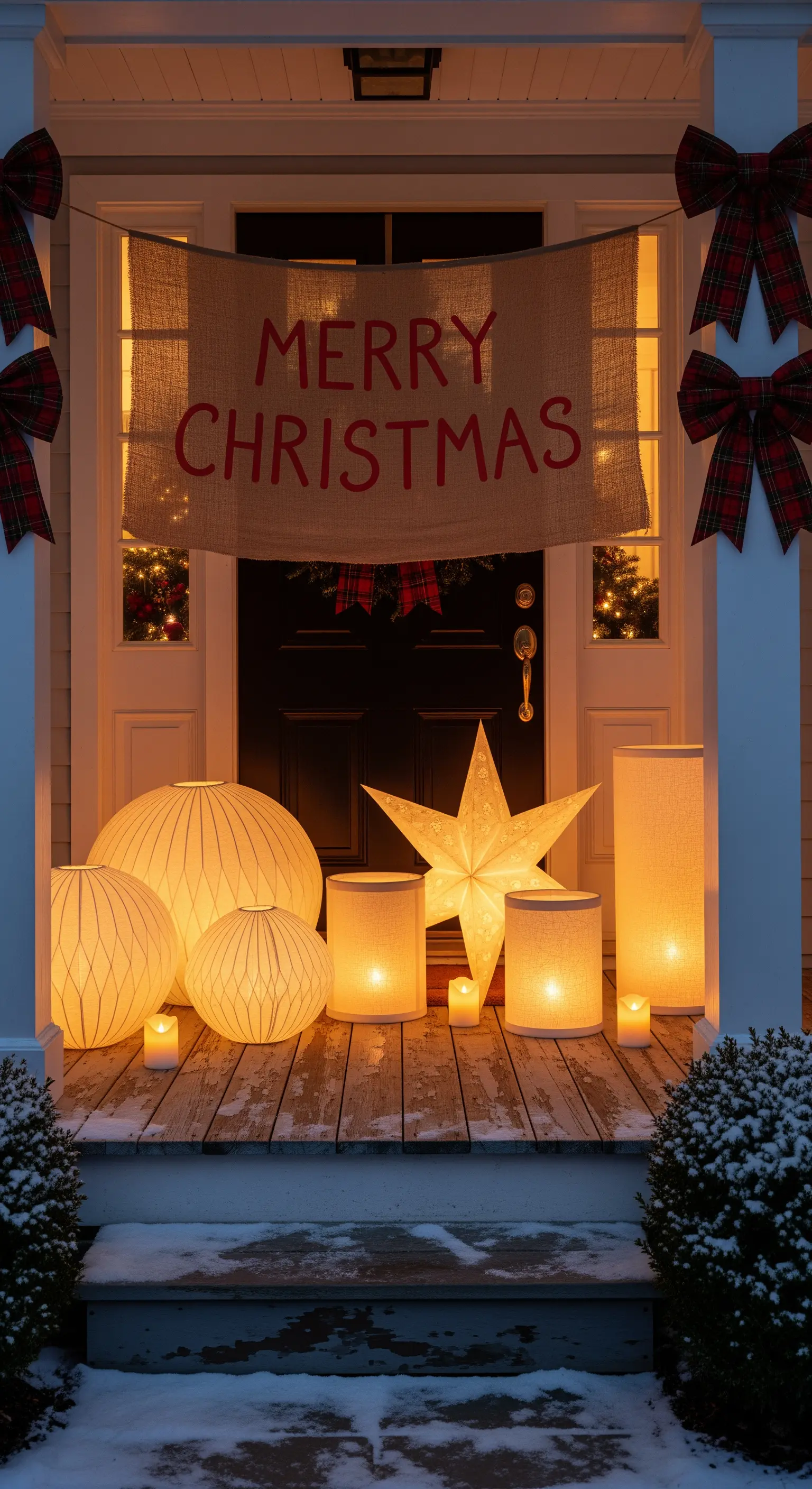 Eingangsbereich mit beleuchteten Papier-Laternen, Stern und 