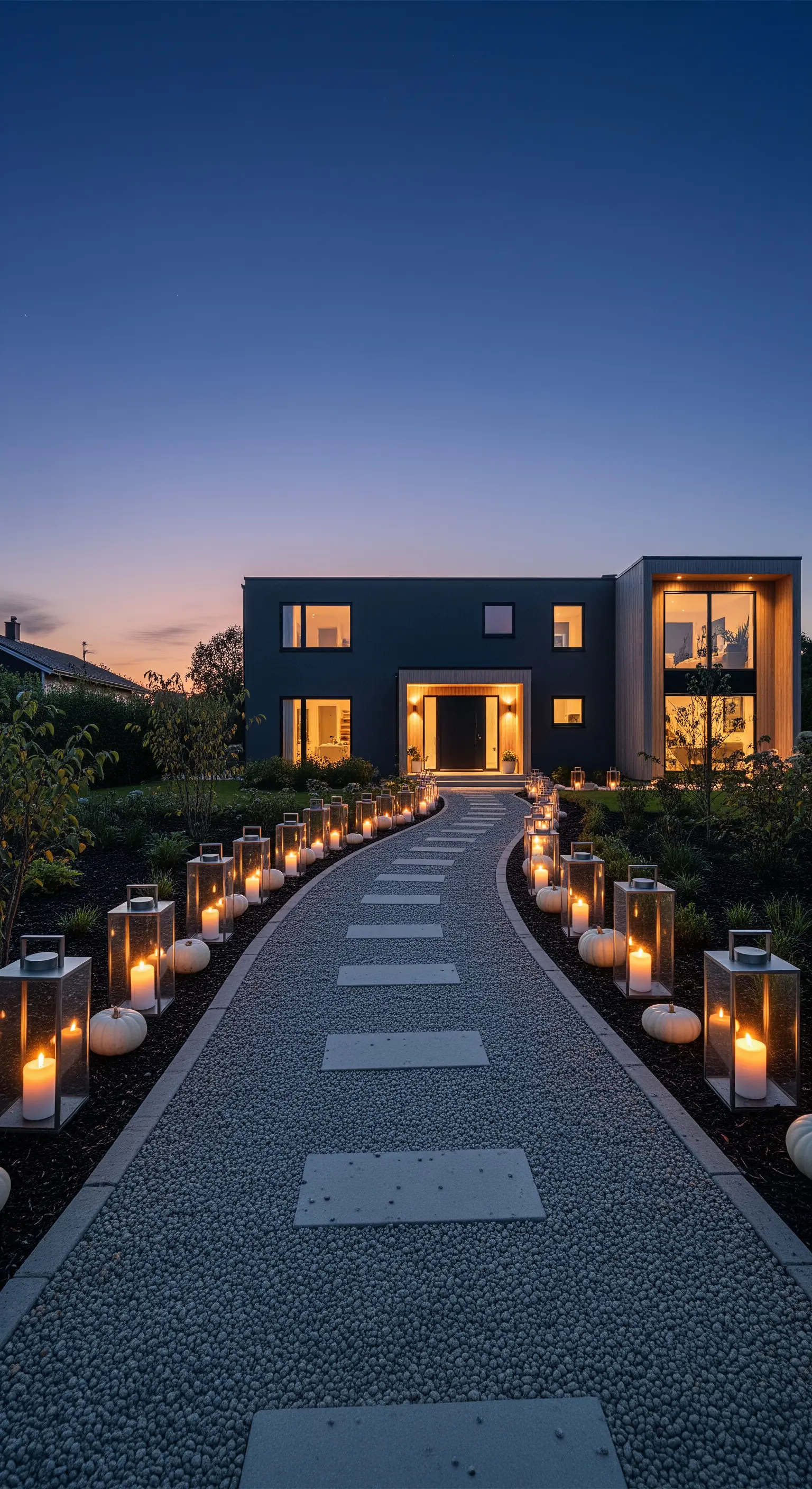 Gartenweg mit Laternen und weißen Kürbissen in der Dämmerung.