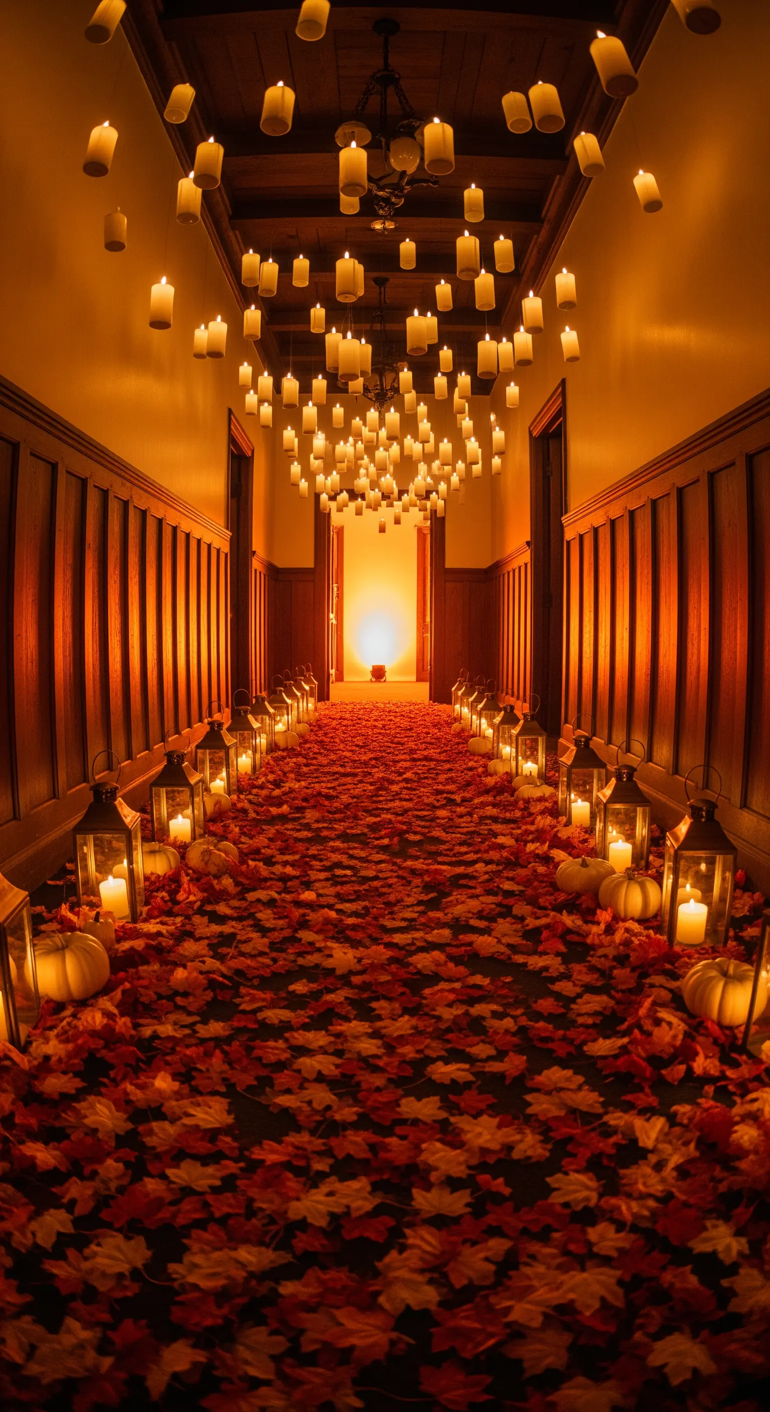 Flur mit schwebenden Kerzen, orangefarbenem Blätterteppich, Laternen und weißen Kürbissen.