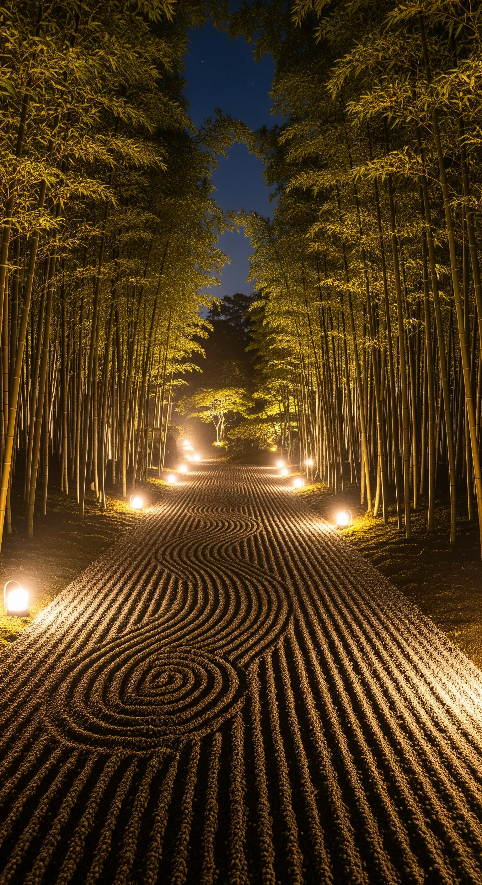 Nachtaufnahme eines geharkten Kieswegs mit Spirallichtern und beleuchtetem Bambus