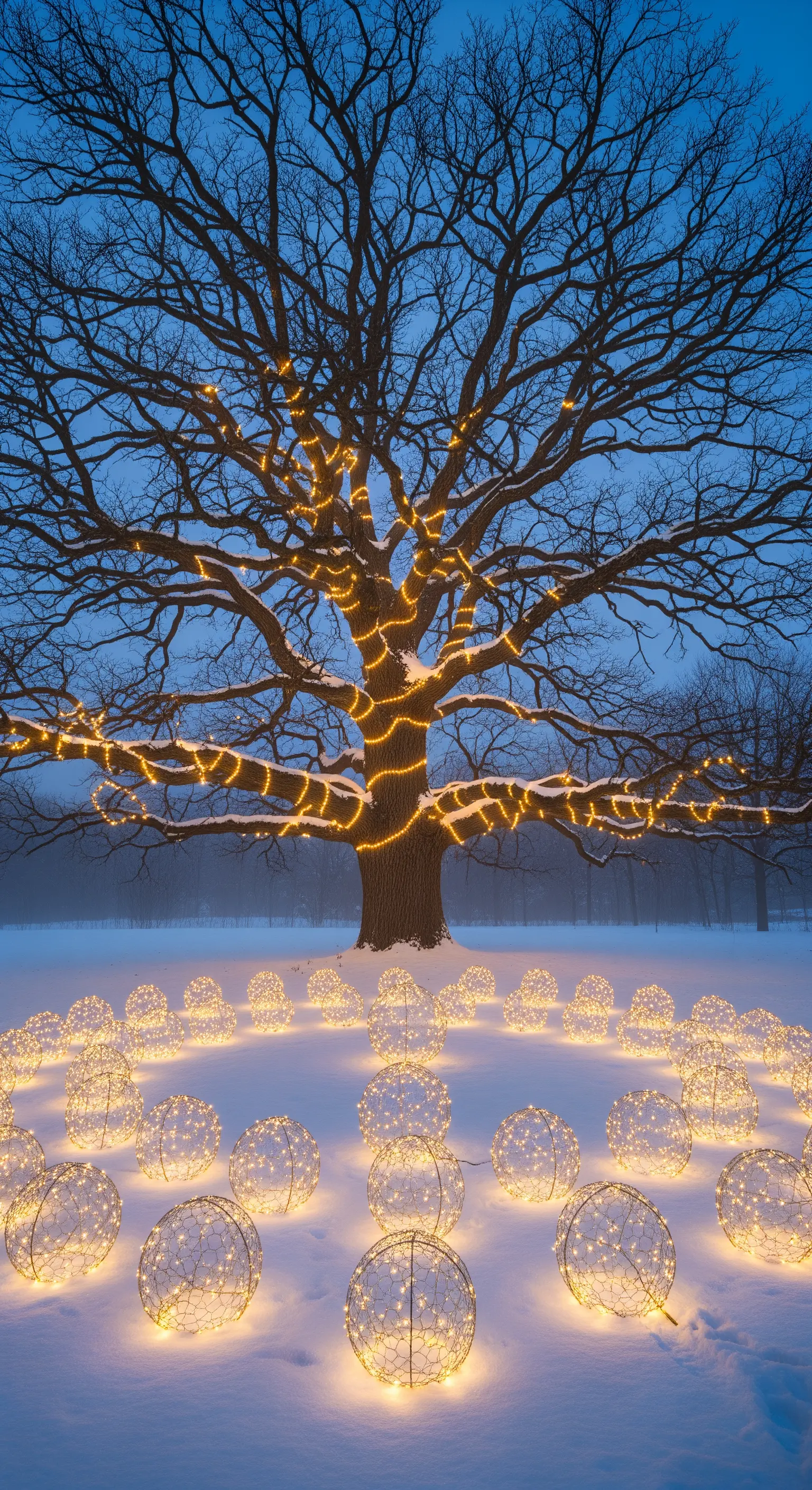 Großer Baum mit Lichterketten umwickelt, umgeben von leuchtenden Drahtkugeln im Schnee.