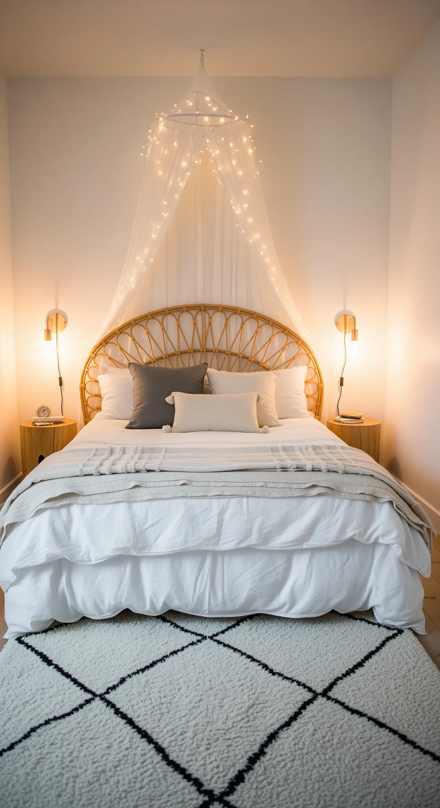 Bett mit Rattan-Kopfteil und einem Baldachin, der mit Lichterketten verziert ist.