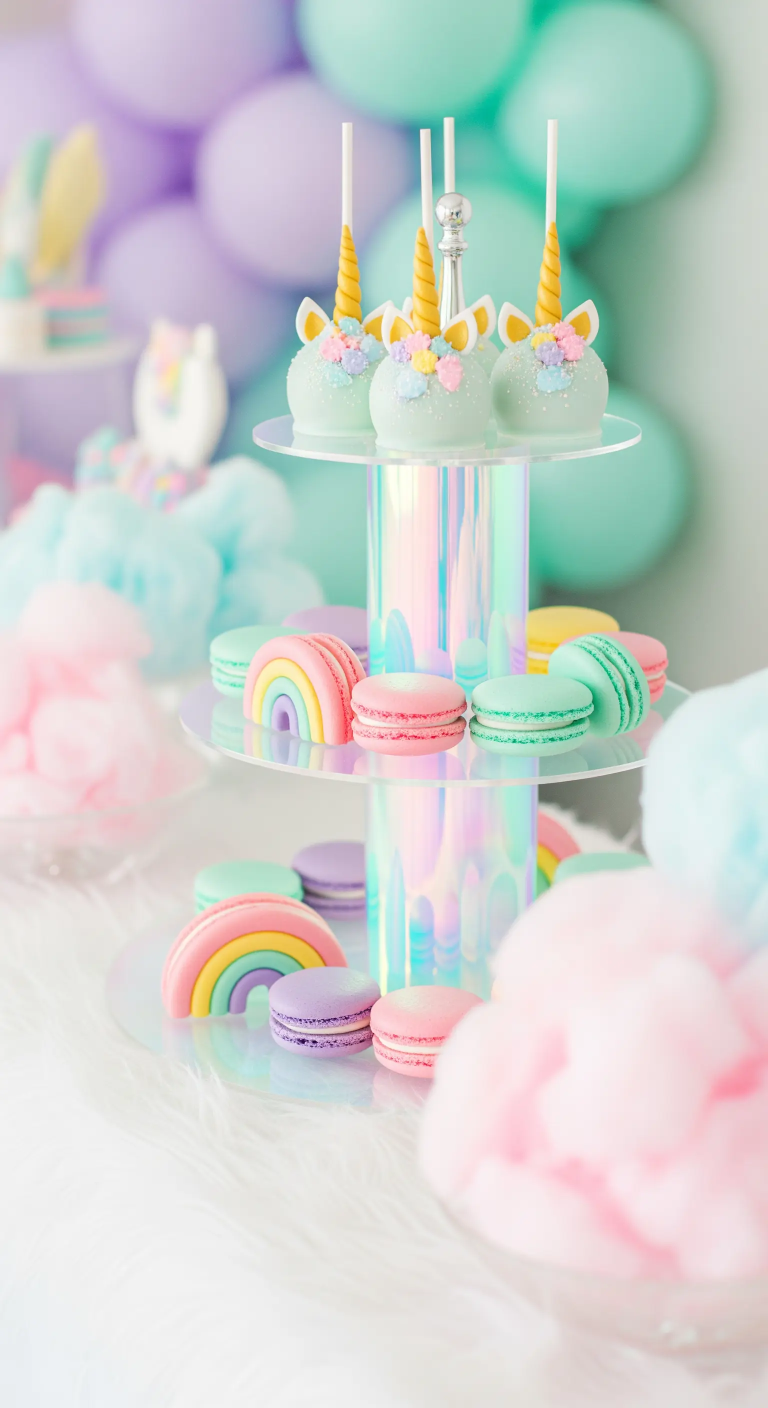 Holografische Etagere mit Einhorn-Cake-Pops und Regenbogen-Macarons in Pastellfarben.