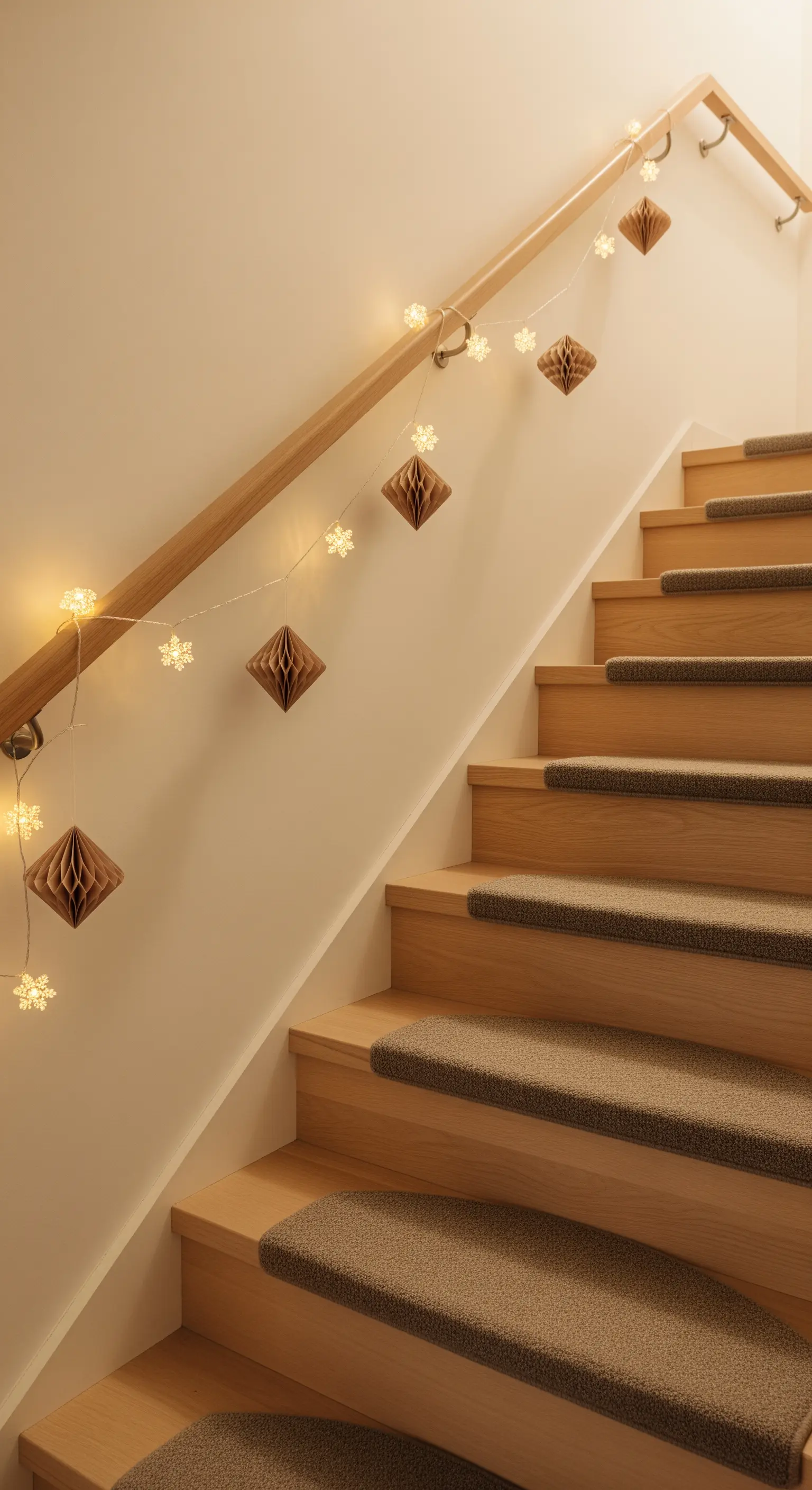 Treppe mit Lichterkette und Papiersternen