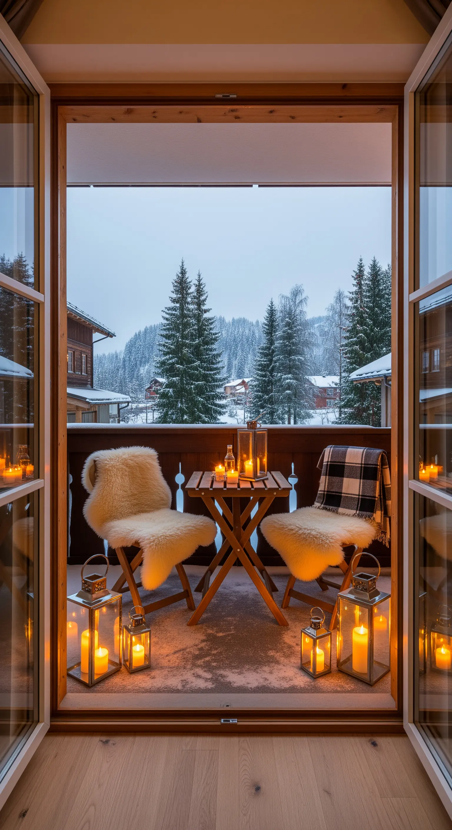 Winterbalkon mit Holztisch, Stühlen, Fellen, Plaids und vielen Kerzenlaternen.