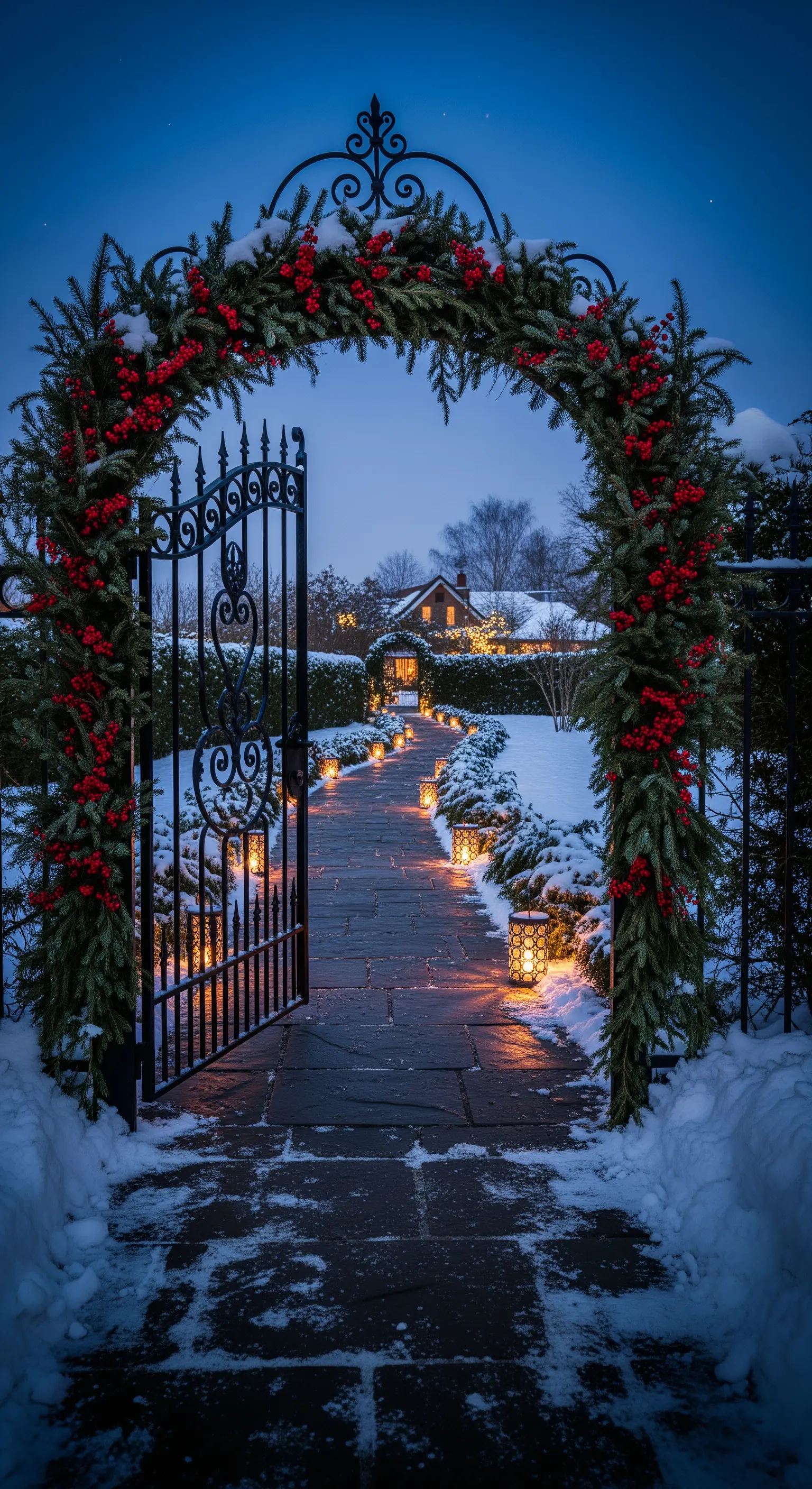 Verschneiter Gartenweg mit beleuchtetem Tannengrün-Torbogen und Laternen.