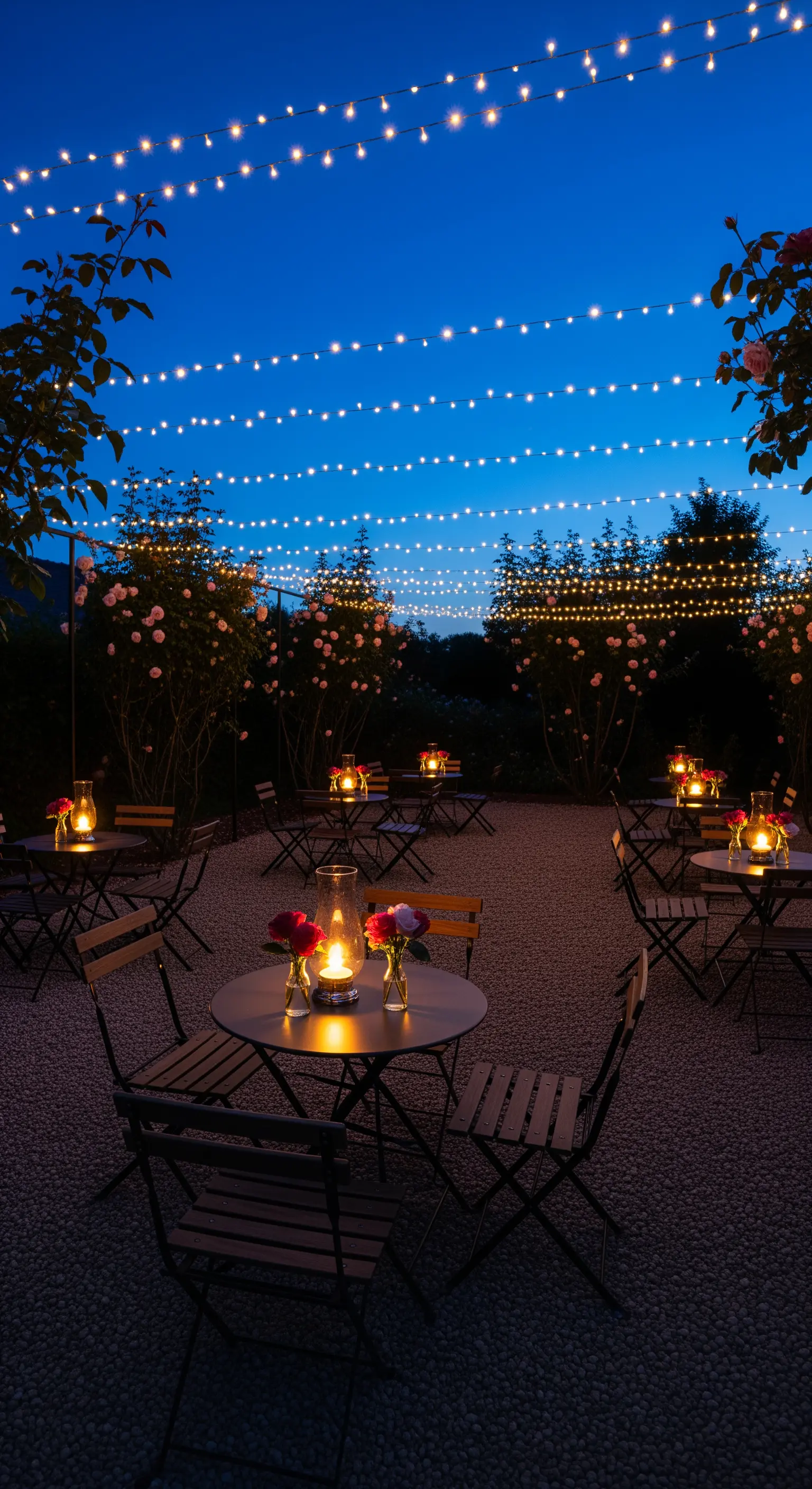 Gartentische mit Laternen unter Lichterketten bei Nacht, umgeben von Rosen