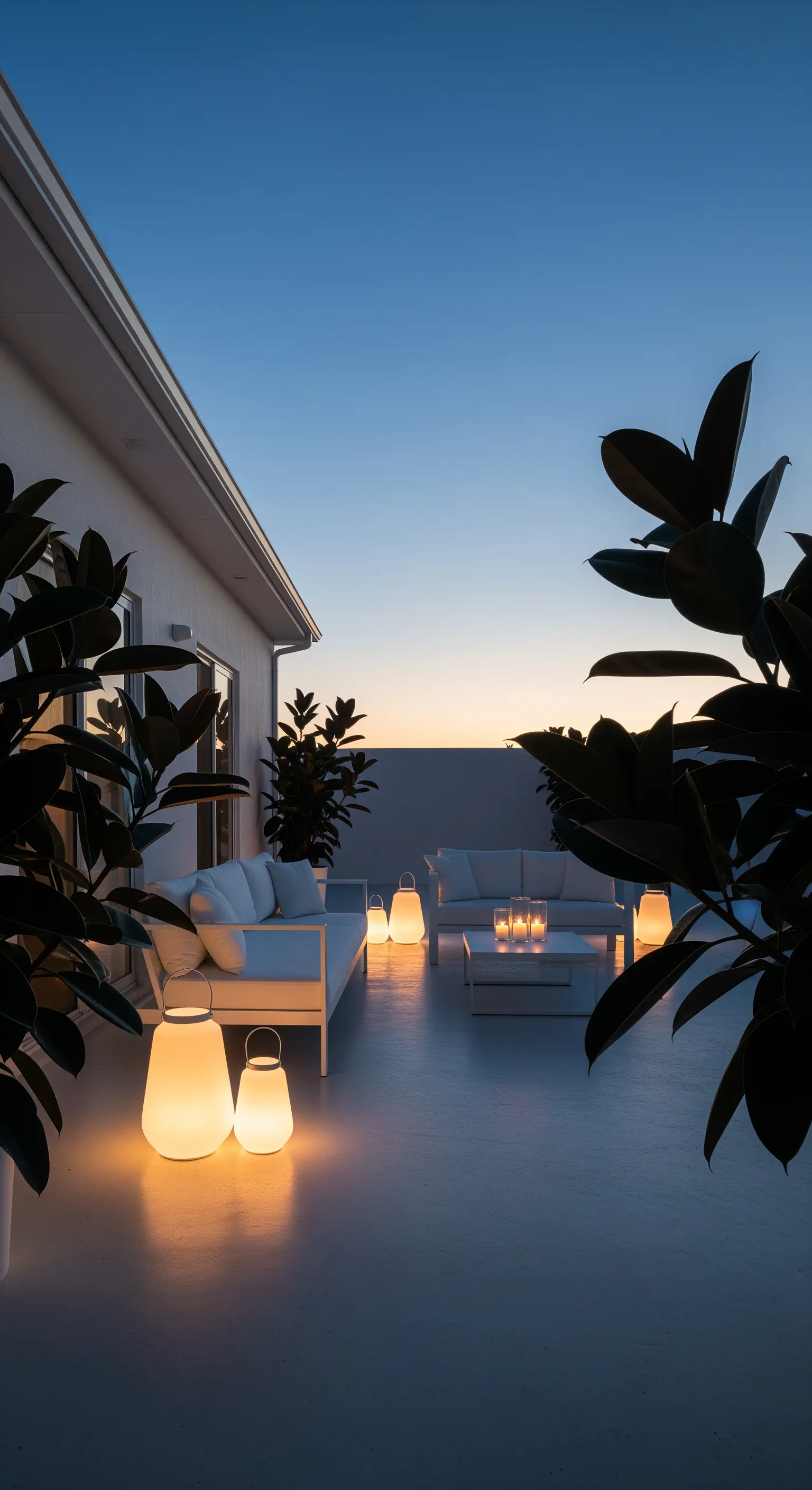 Patio bei Dämmerung mit Laternen und dunklen Pflanzen