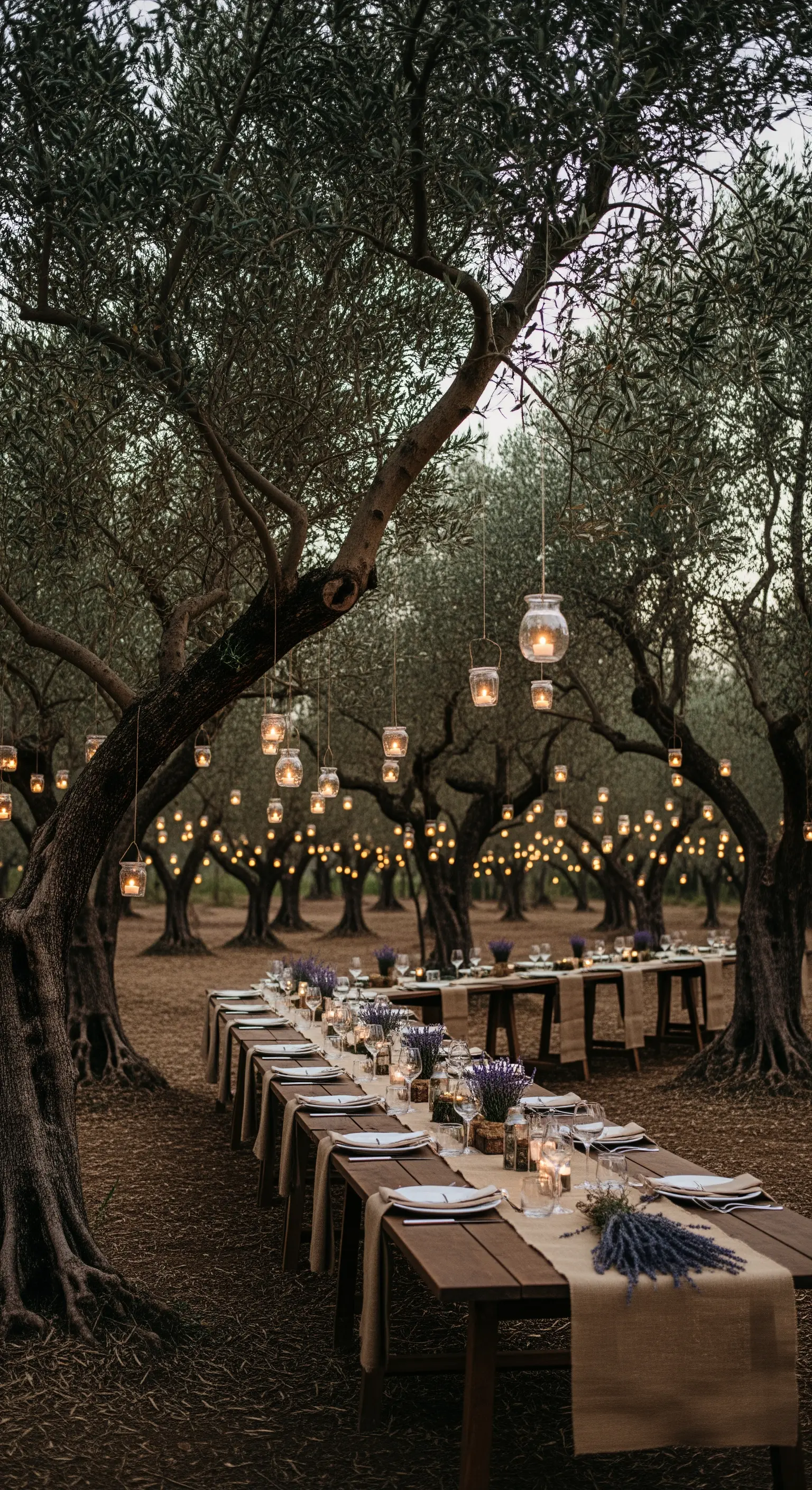 Lange Tische in Olivenhain mit hängenden Lichtern und Lavendel-Deko