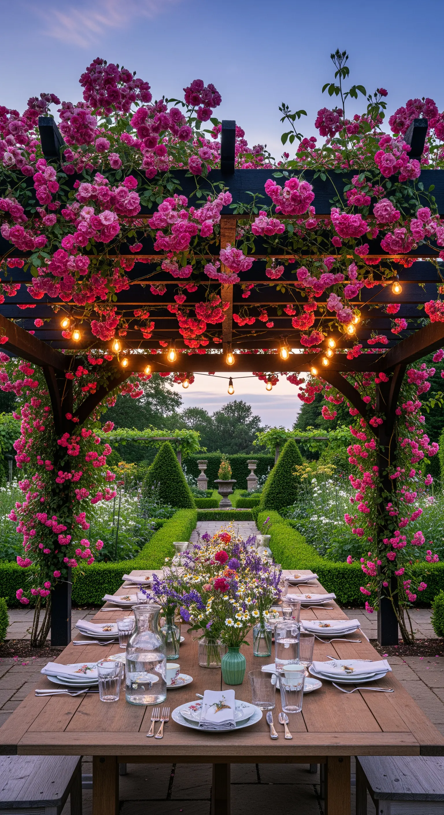 Dunkle Pergola mit rosa Kletterrosen und Lichterketten über einem festlich gedeckten Holztisch