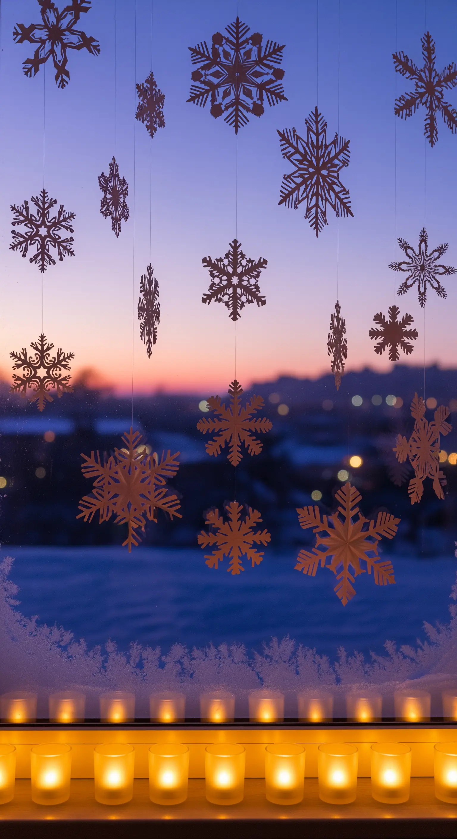 Fensterdeko mit hängenden Schneeflocken und Reihe von warm leuchtenden Teelichtern.